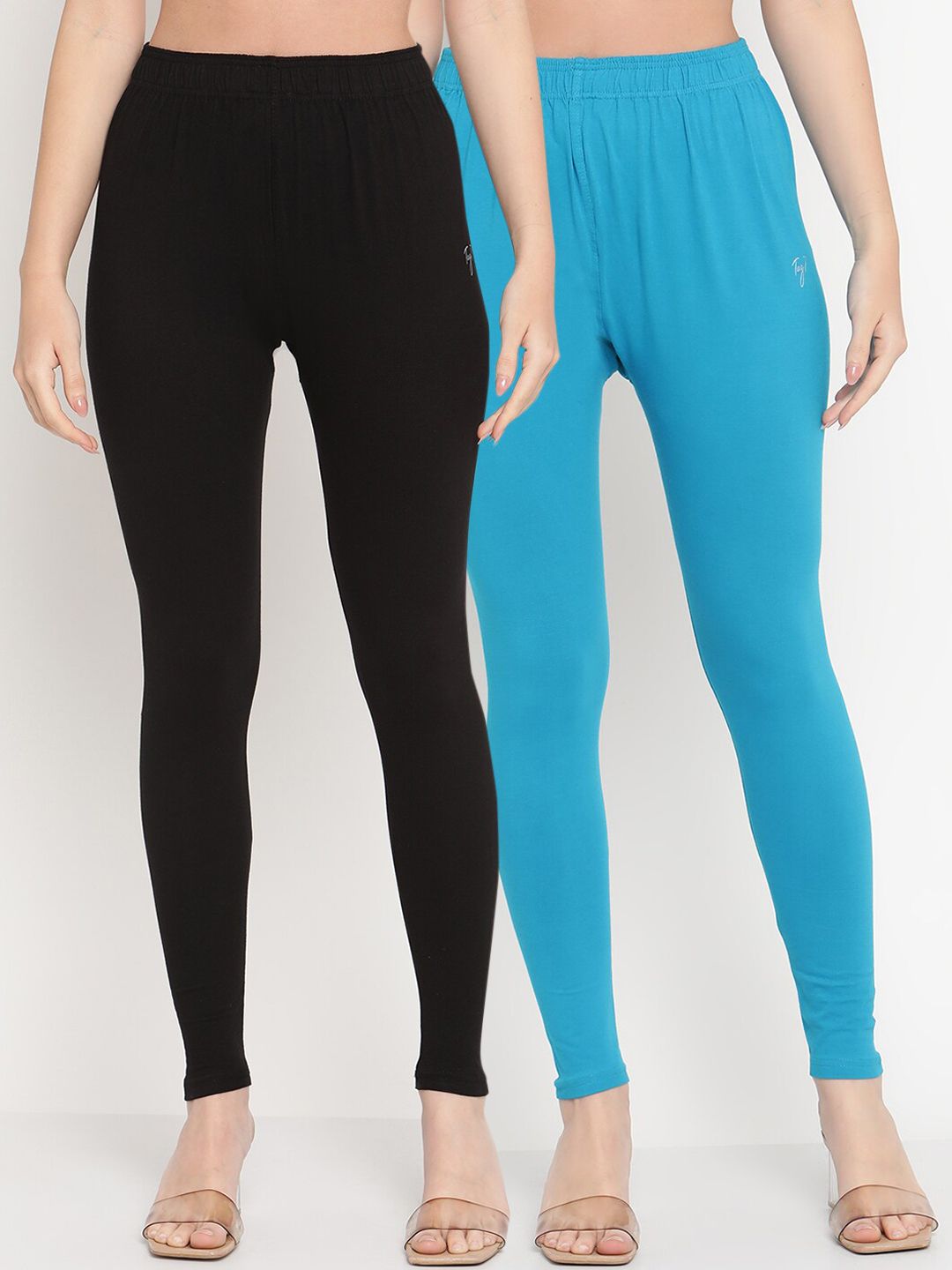 TAG 7 Women Pack Of 2 Black & Blue Solid Ankle-Length Leggings Price in India