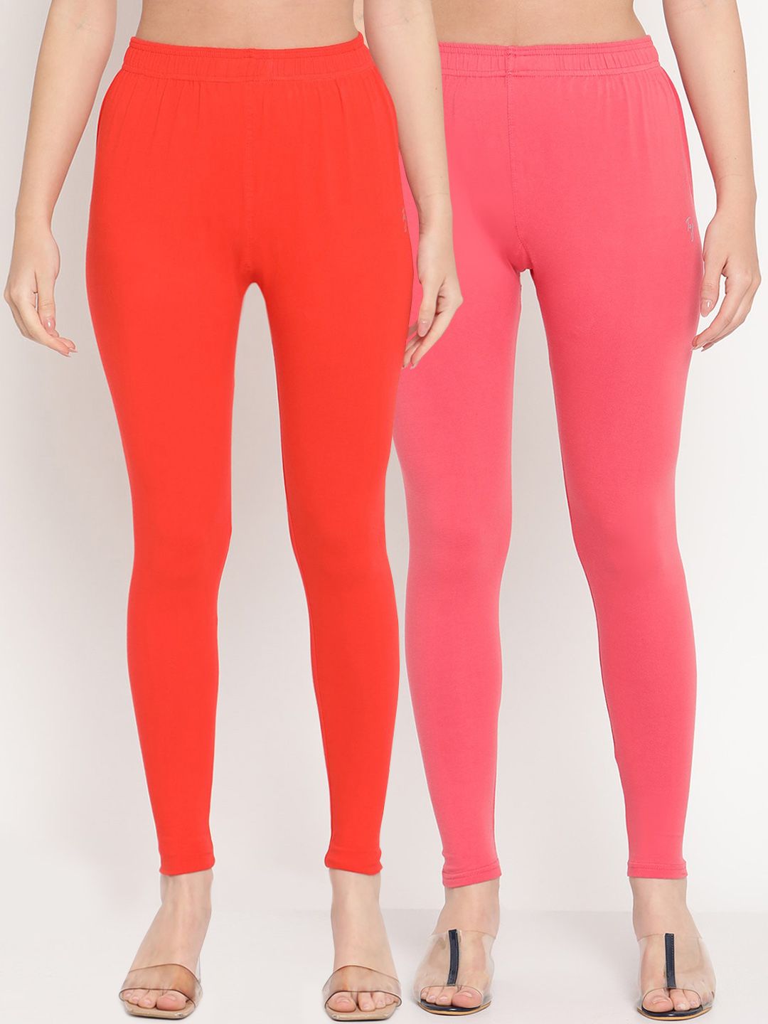 TAG 7 Women Pack Of 2 Orange & Pink Solid Ankle-Length Leggings Price in India