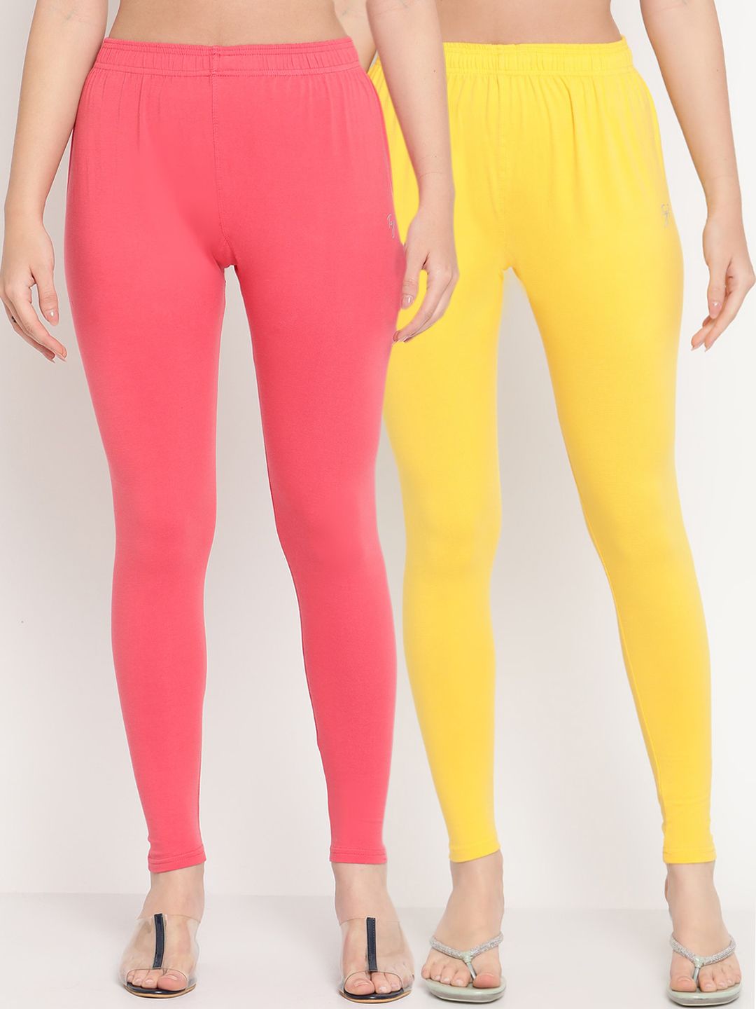 TAG 7 Women Pack Of 2 Pink & Yellow Solid Comfort-Fit Ankle-Length Leggings Price in India