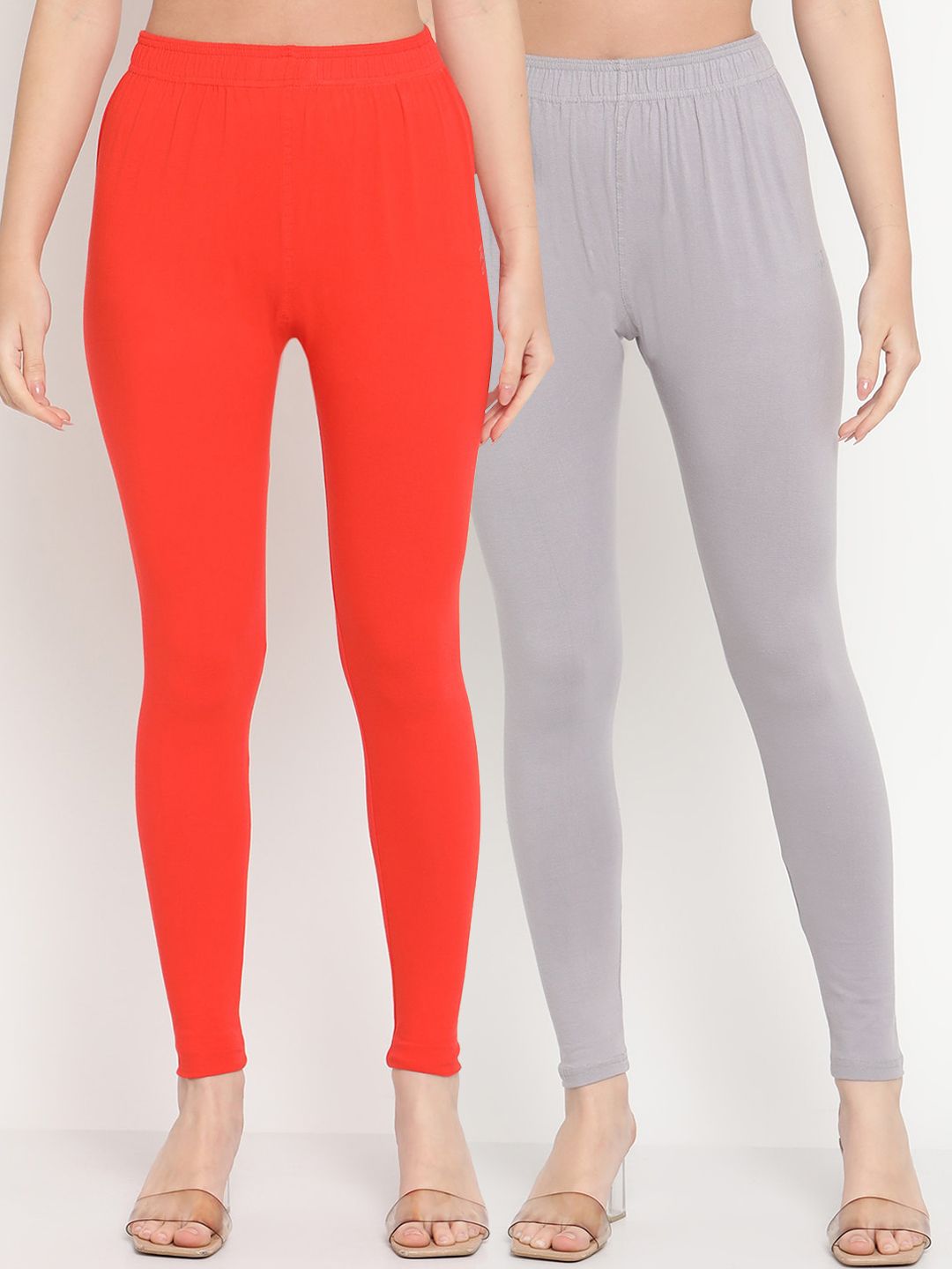 TAG 7 Women Pack Of 2 Orange & Grey Solid Comfort Fit Ankle-Length Leggings Price in India