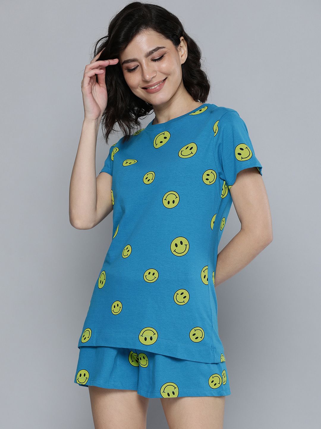 HERE&NOW Women Blue & Yellow Printed Night Suits Price in India