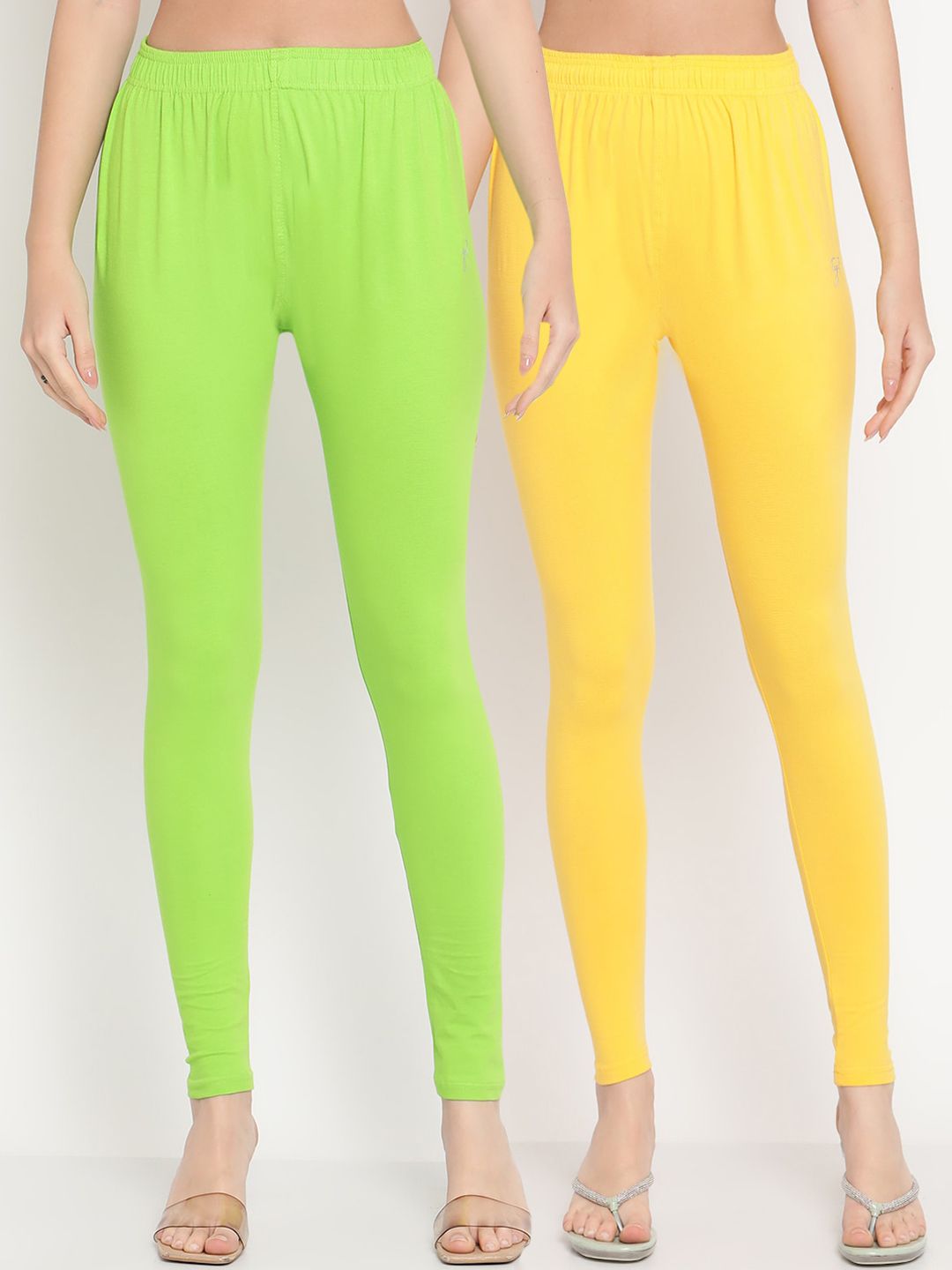 TAG 7 Women Lime Green & Yellow Pack of 2 Straight Fit Ankle-Length Leggings Price in India