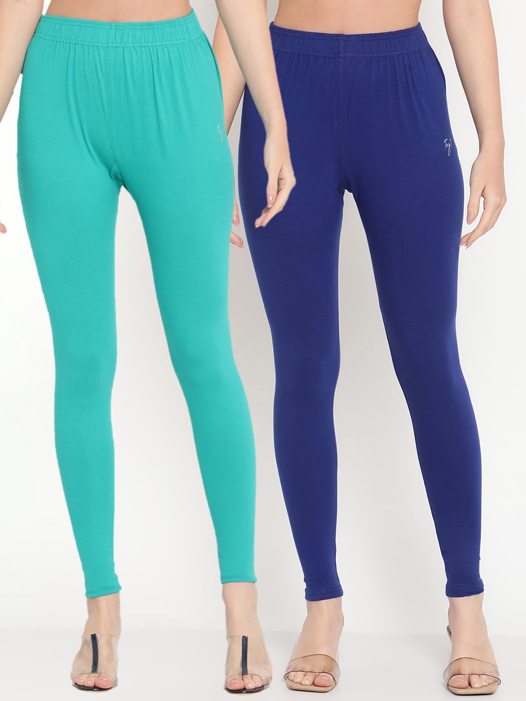 TAG 7 Women Pack Of 2 Blue & Green Solid Comfort-Fit Ankle-Length Leggings Price in India