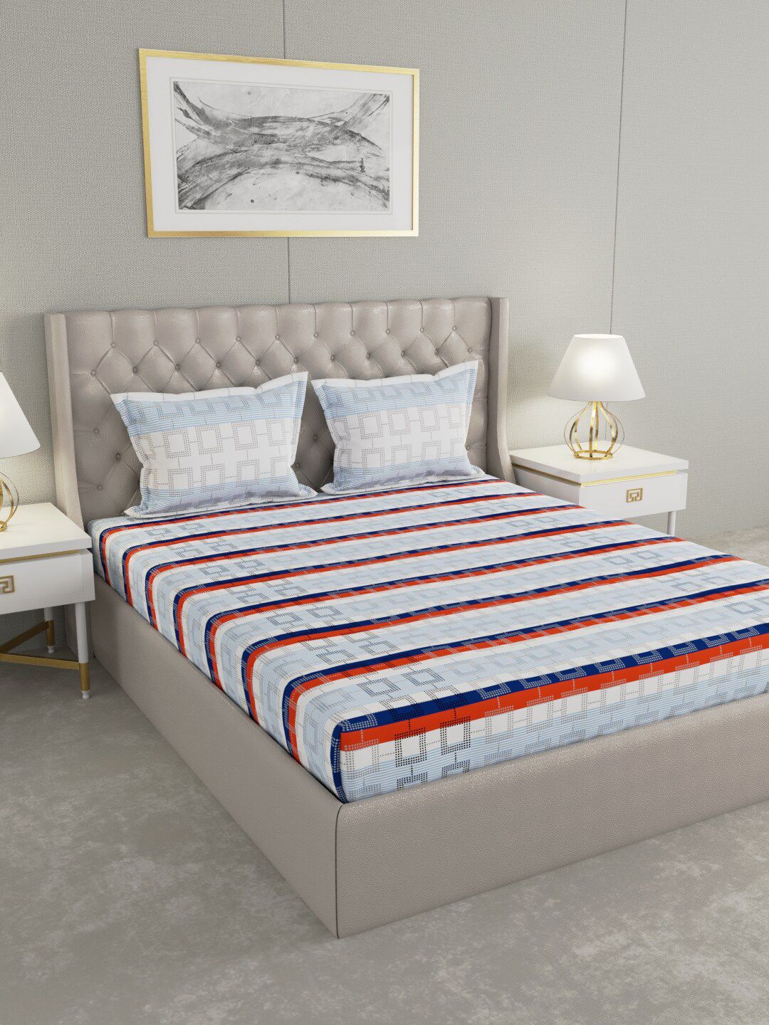 Raymond Home Blue & White Striped 144 TC Queen Bedsheet with 2 Pillow Covers Price in India