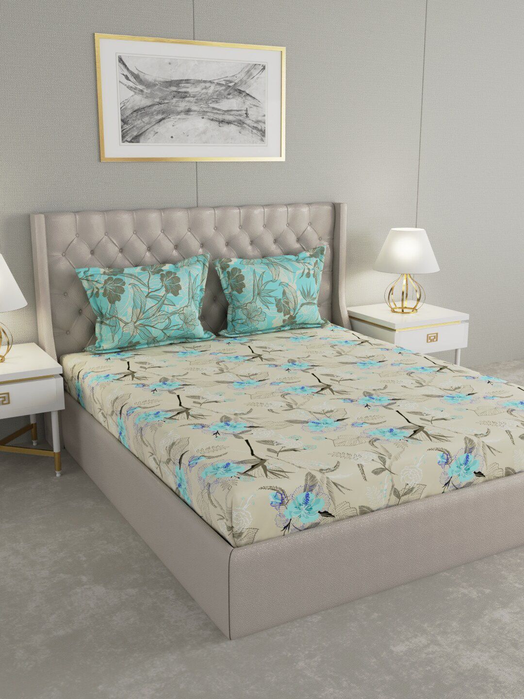 Raymond Home Beige & Blue Floral 144 TC Queen Bedsheet with 2 Pillow Covers Price in India