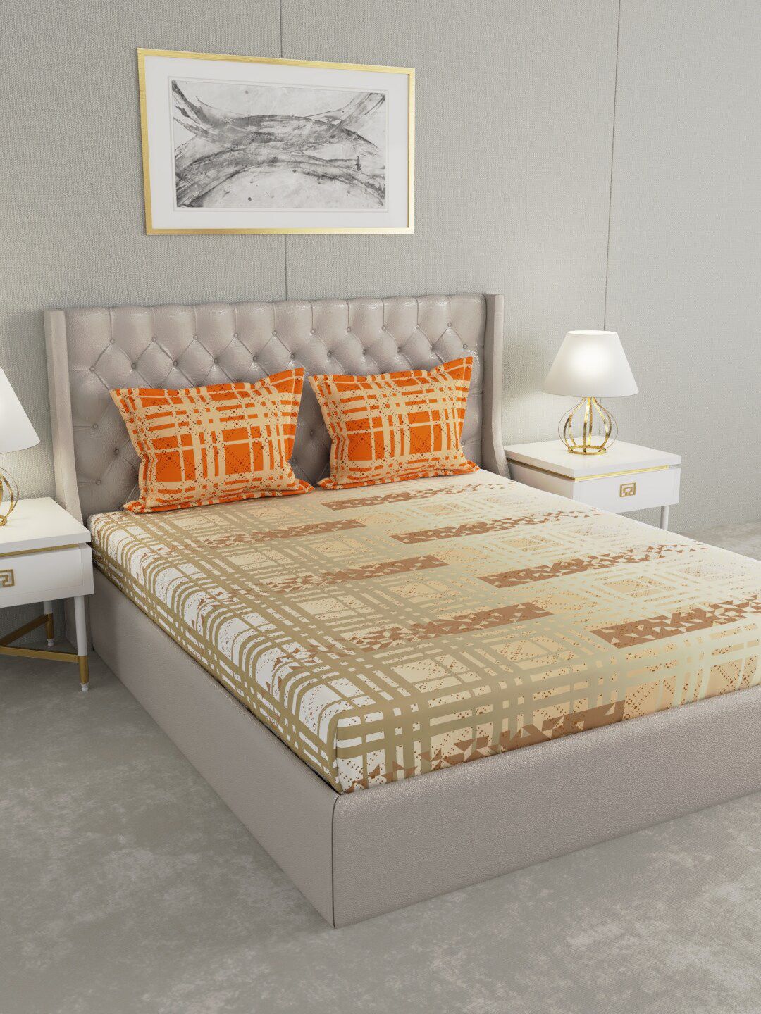 Raymond Home White & Orange Geometric 144 TC Queen Bedsheet with 2 Pillow Covers Price in India