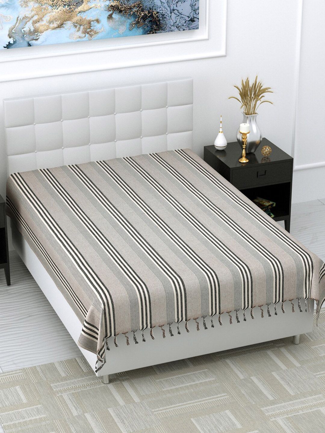 Varde Grey & Black Striped 180 TC Handloom Cotton Single Bedsheet Price in India