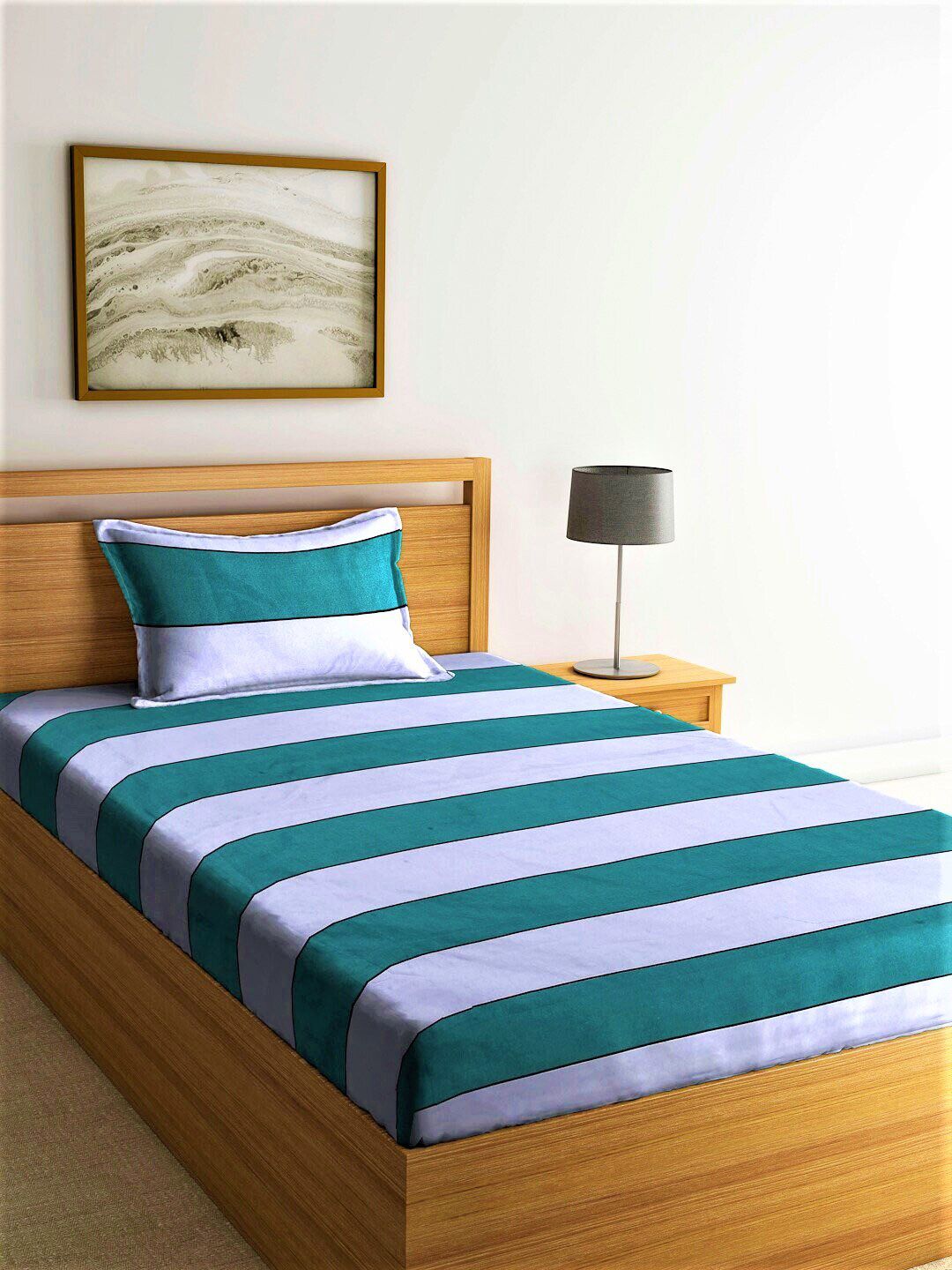 Home Sizzler Green & White Striped 210 TC Cotton Single Bedsheet with 1 Pillow Covers Price in India