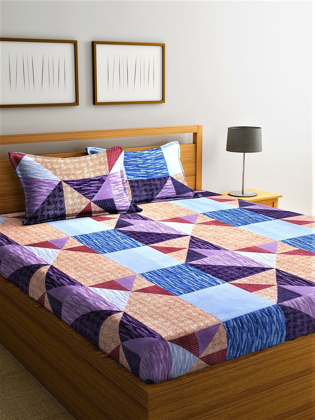 Home Sizzler Multicoloured Geometric 210 TC King Bedsheet with 2 Pillow Covers Price in India