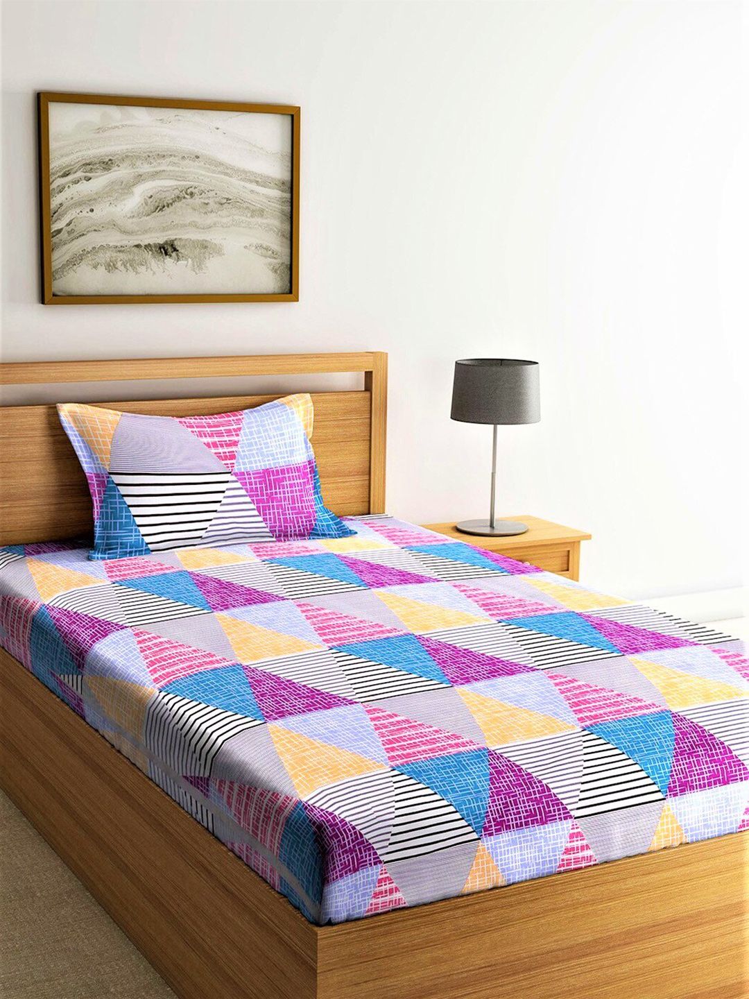 Home Sizzler Multicoloured Geometric 210 TC Single Bedsheet with 1 Pillow Covers Price in India