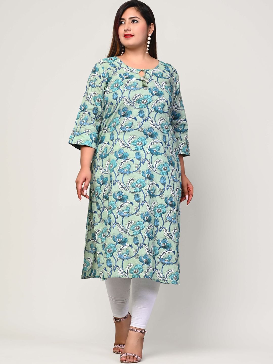 Swasti Women Plus Size Green Floral Printed Cotton Kurta Price in India