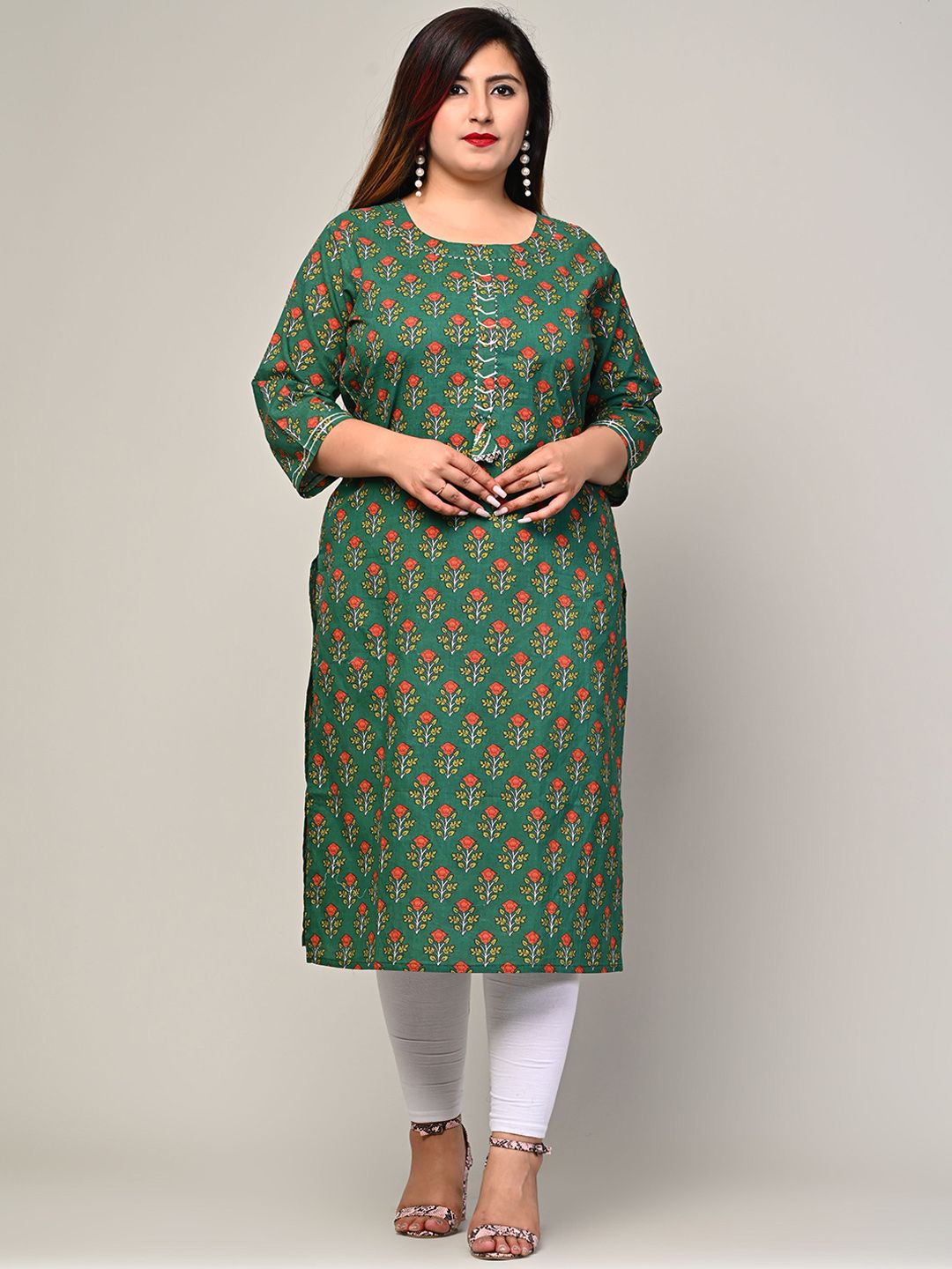 Swasti Women Plus Size Green Floral Printed Cotton Kurta Price in India