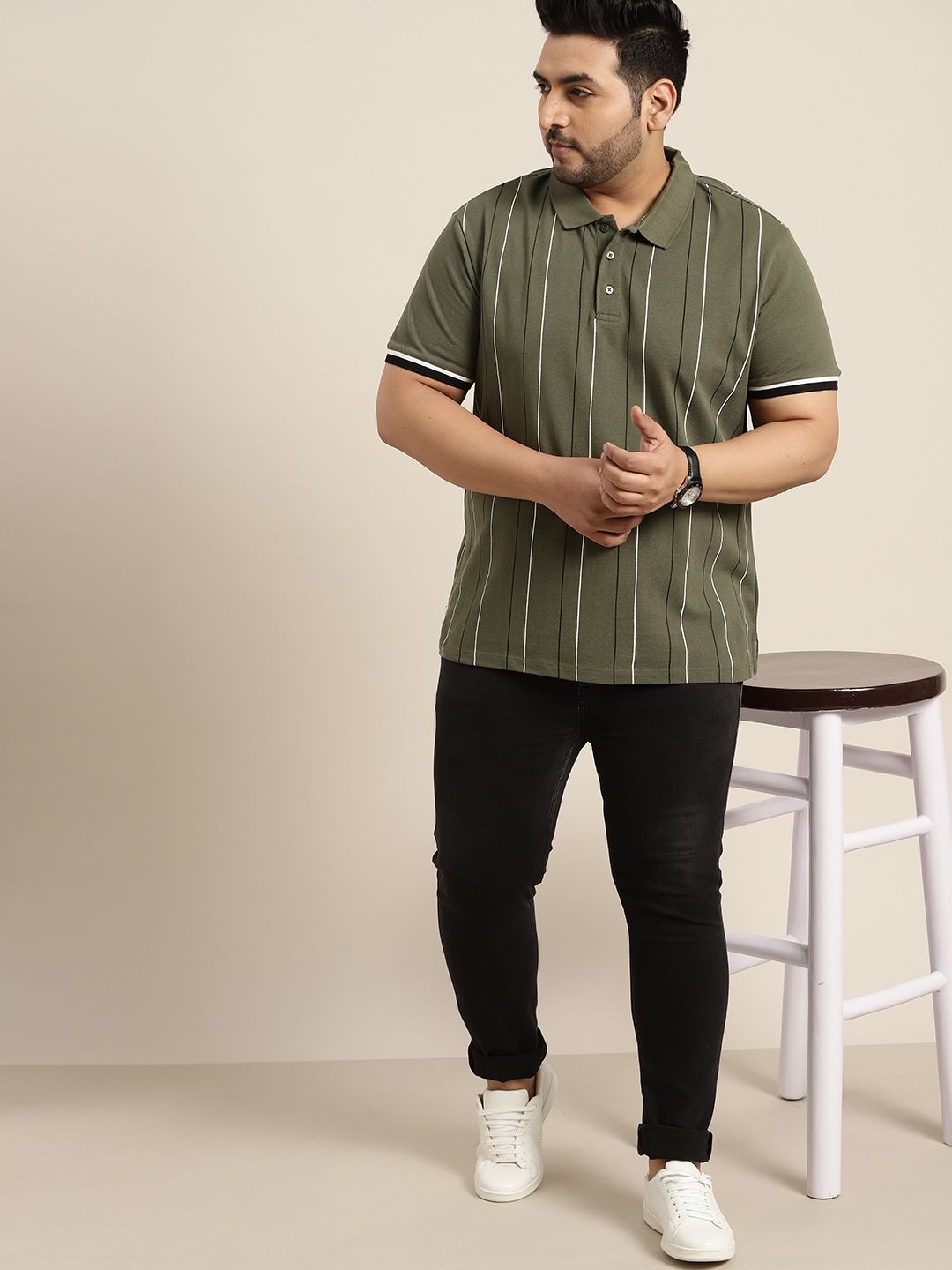 Sztori Men Plus Size Men Olive Green & Black Pure Cotton Striped Polo Collar T-shirt