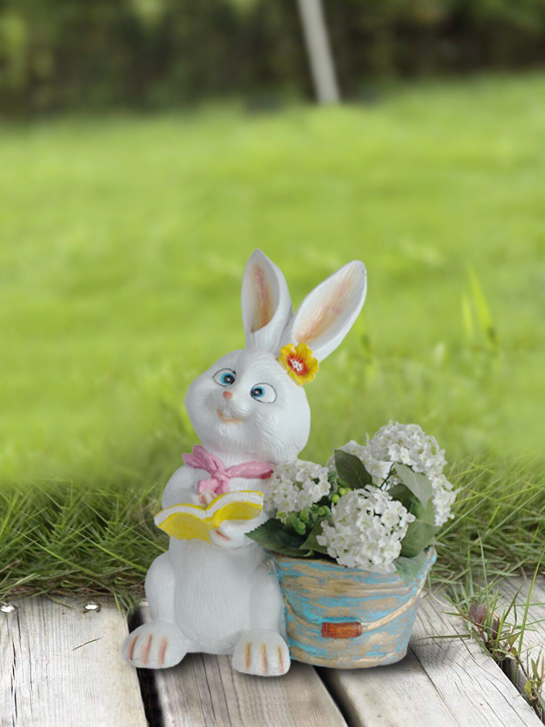 Wonderland White Big Bunny With Book Resin Planters Price in India