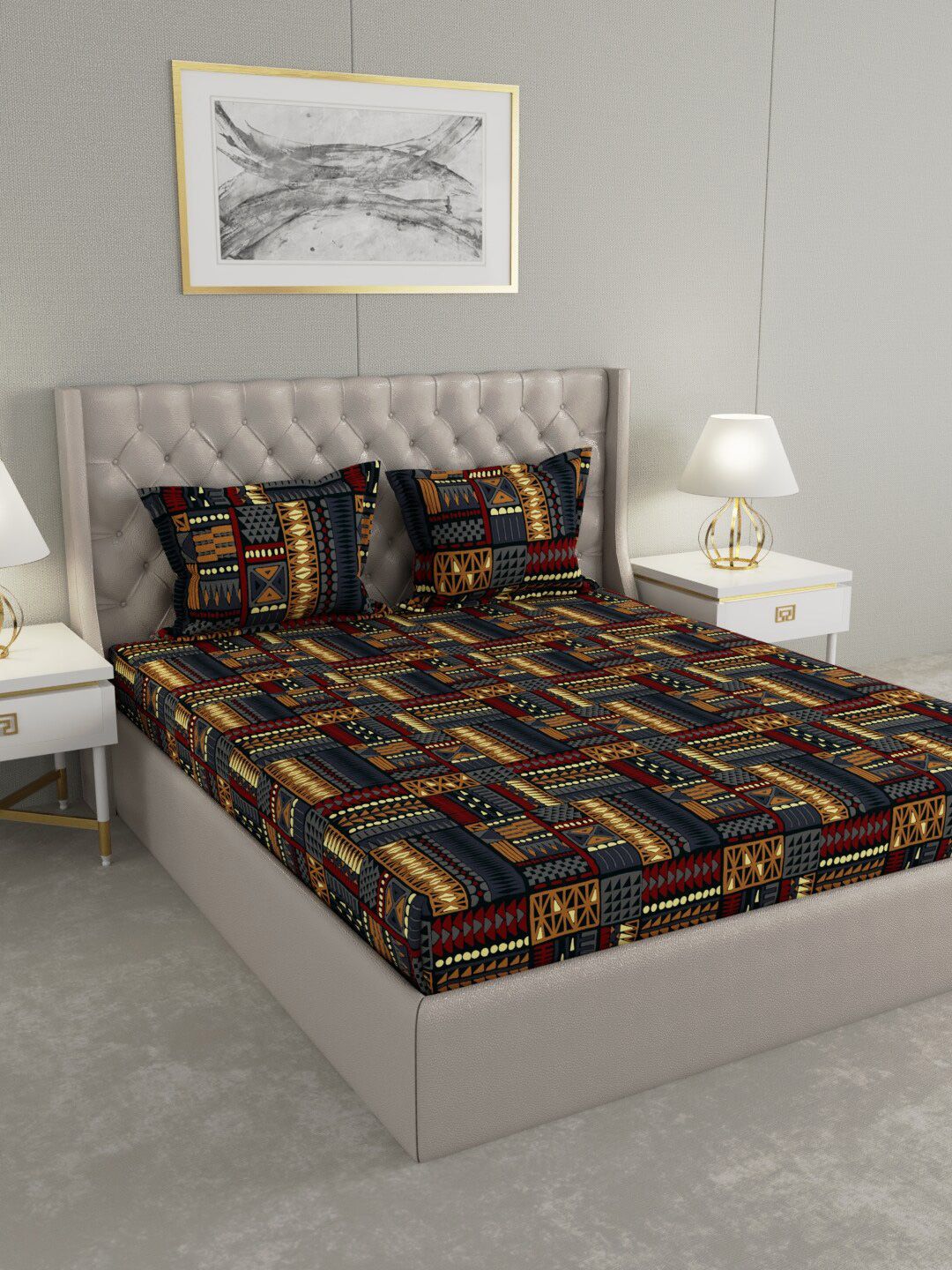 Raymond Home Grey & Red Geometric 120 TC Queen Bedsheet with 2 Pillow Covers Price in India