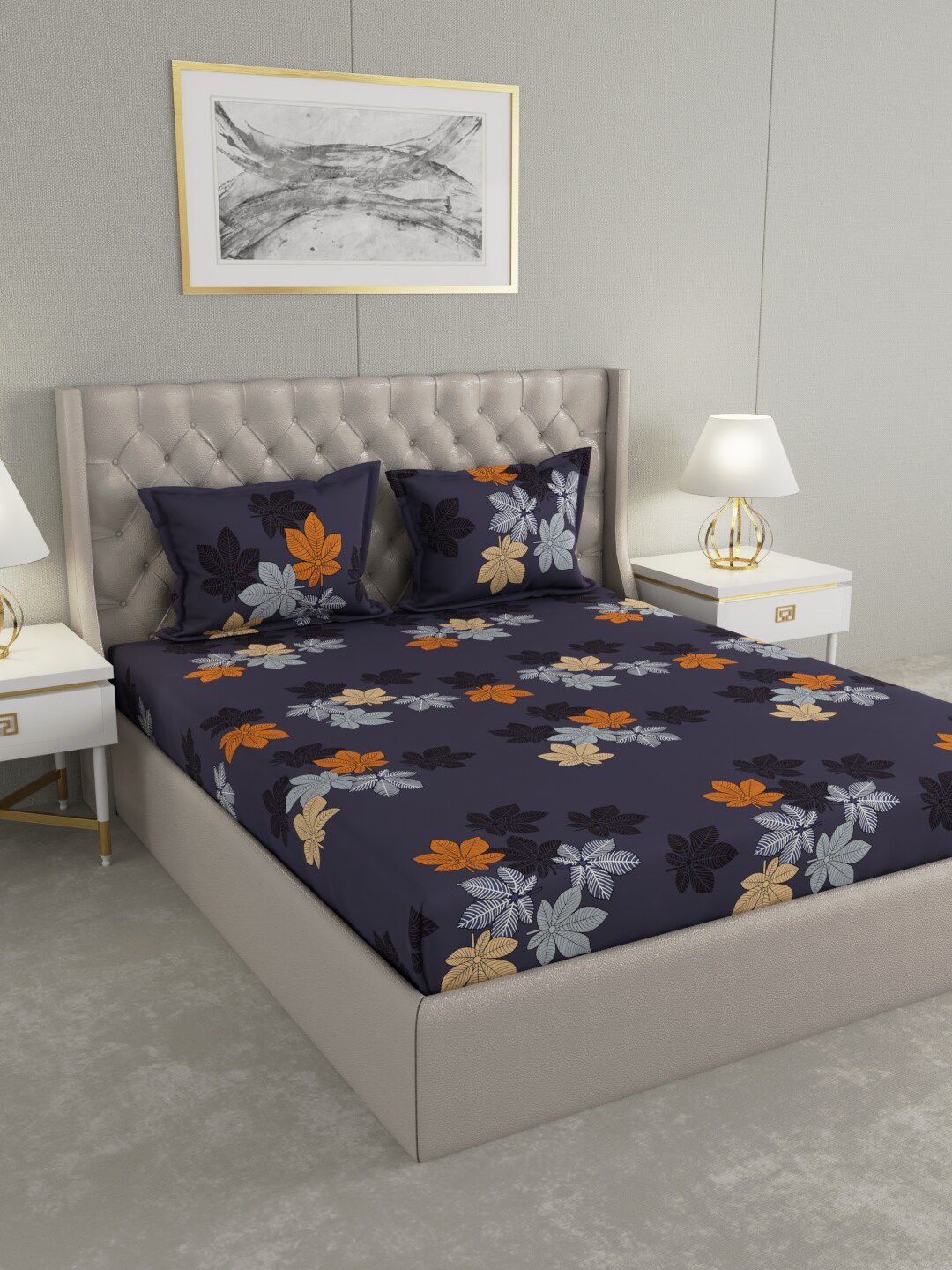 Raymond Home Grey & Orange Floral 120 TC Queen Bedsheet with 2 Pillow Covers Price in India