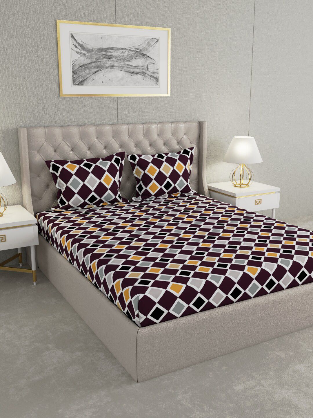Raymond Home Purple & White Geometric 120 TC Queen Bedsheet with 2 Pillow Covers Price in India