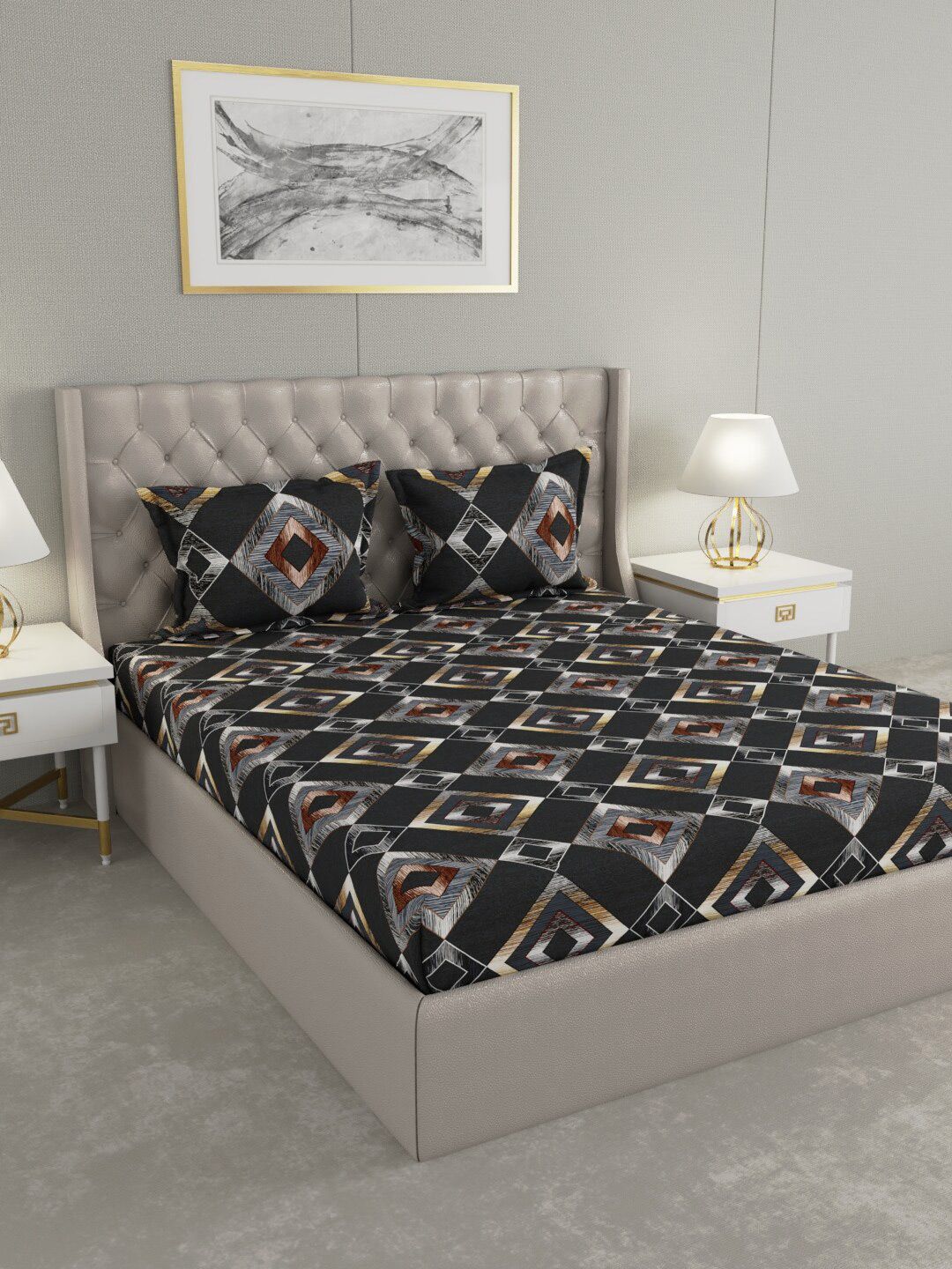 Raymond Home Charcoal & Brown Geometric 120 TC Queen Bedsheet with 2 Pillow Covers Price in India