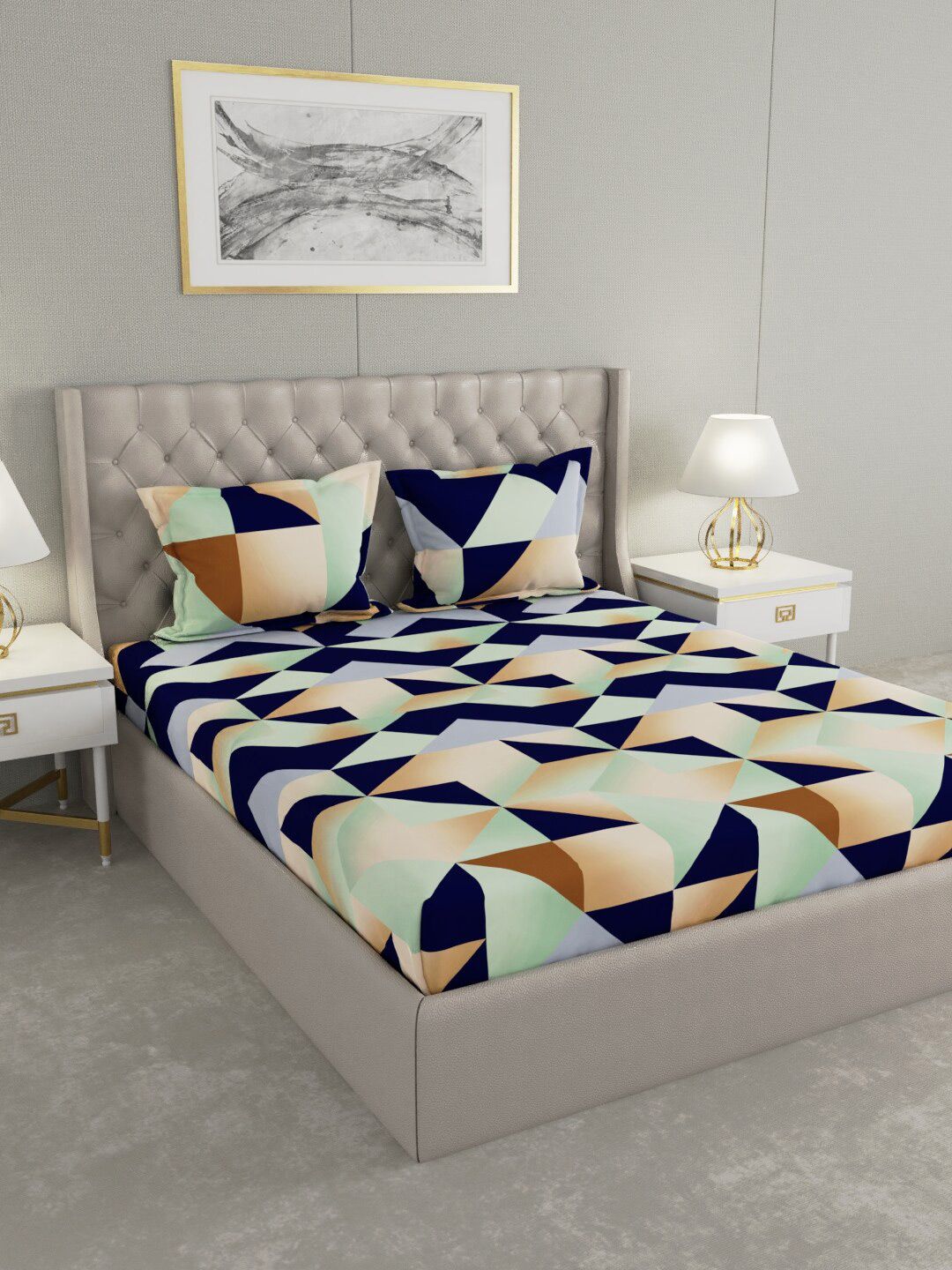 Raymond Home Multicoloured Geometric 120 TC Queen Bedsheet with 2 Pillow Covers Price in India