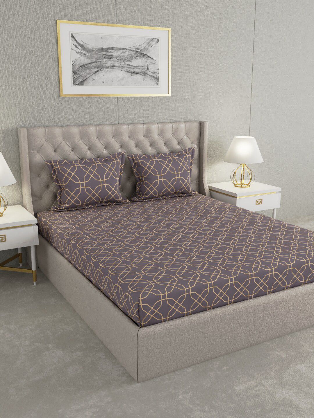 Raymond Home Grey & Yellow Geometric 120 TC Queen Bedsheet with 2 Pillow Covers Price in India