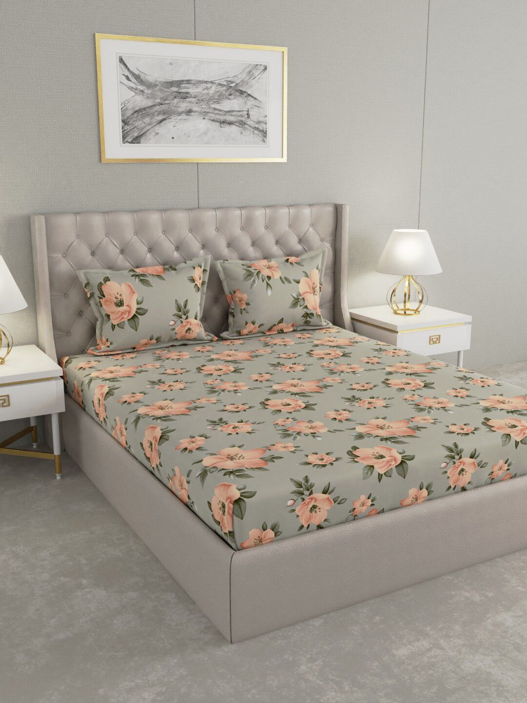 Raymond Home Grey & Peach-Coloured Floral 120 TC Queen Microfiber Bedsheet with 2 Pillow Covers Price in India