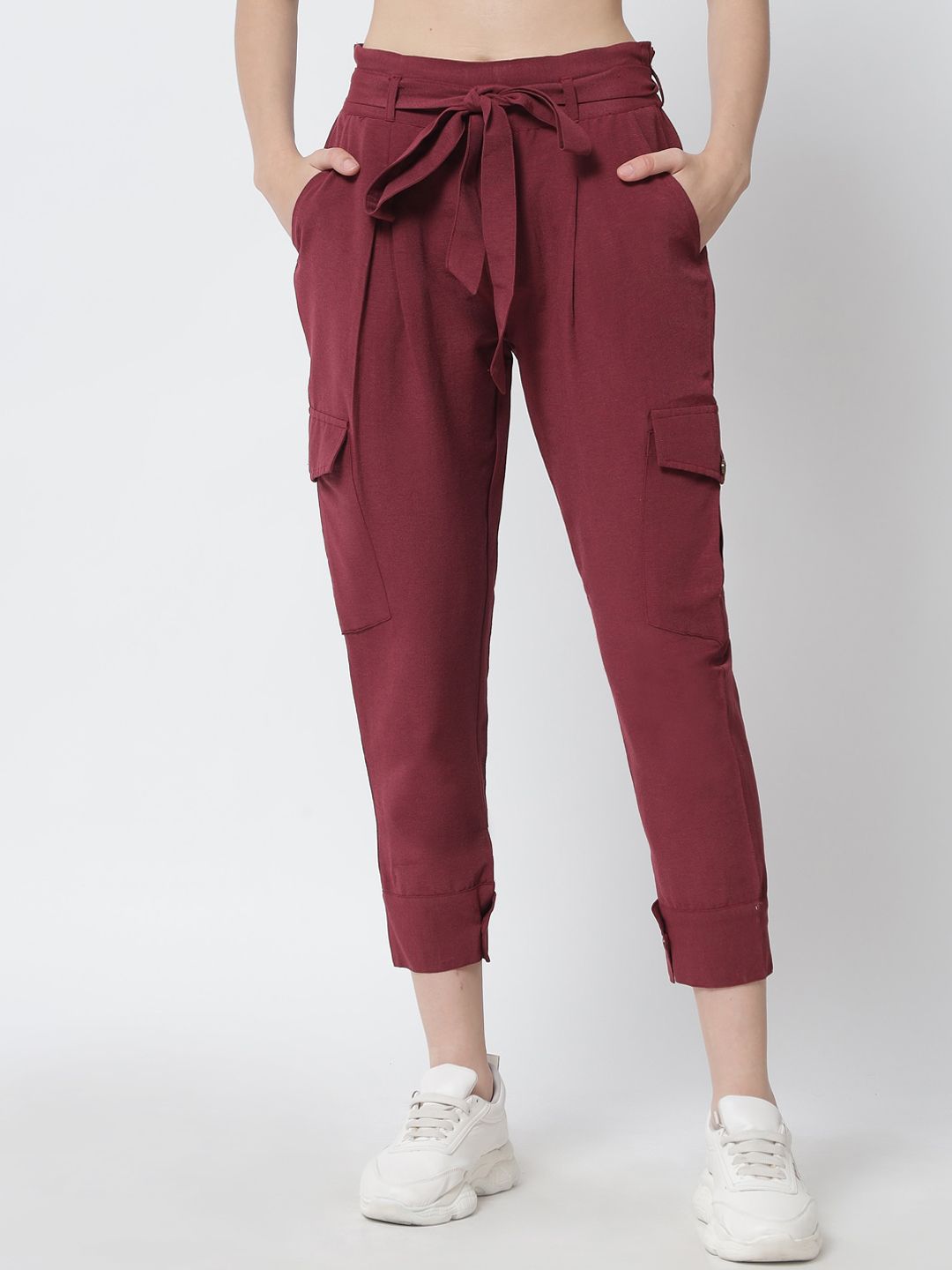 Tulsattva Women Maroon Smart Tapered Fit Easy Wash Chambray Cargos Trousers Price in India