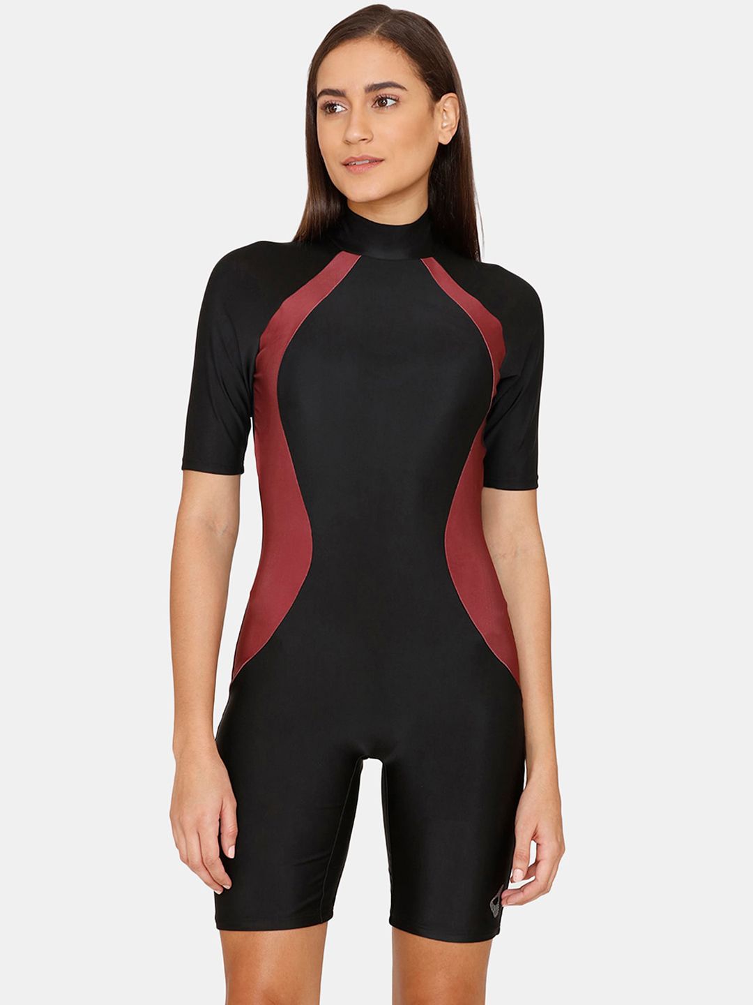 Zelocity by Zivame Women Black & Maroon Colourblocked Swimsuit Price in India