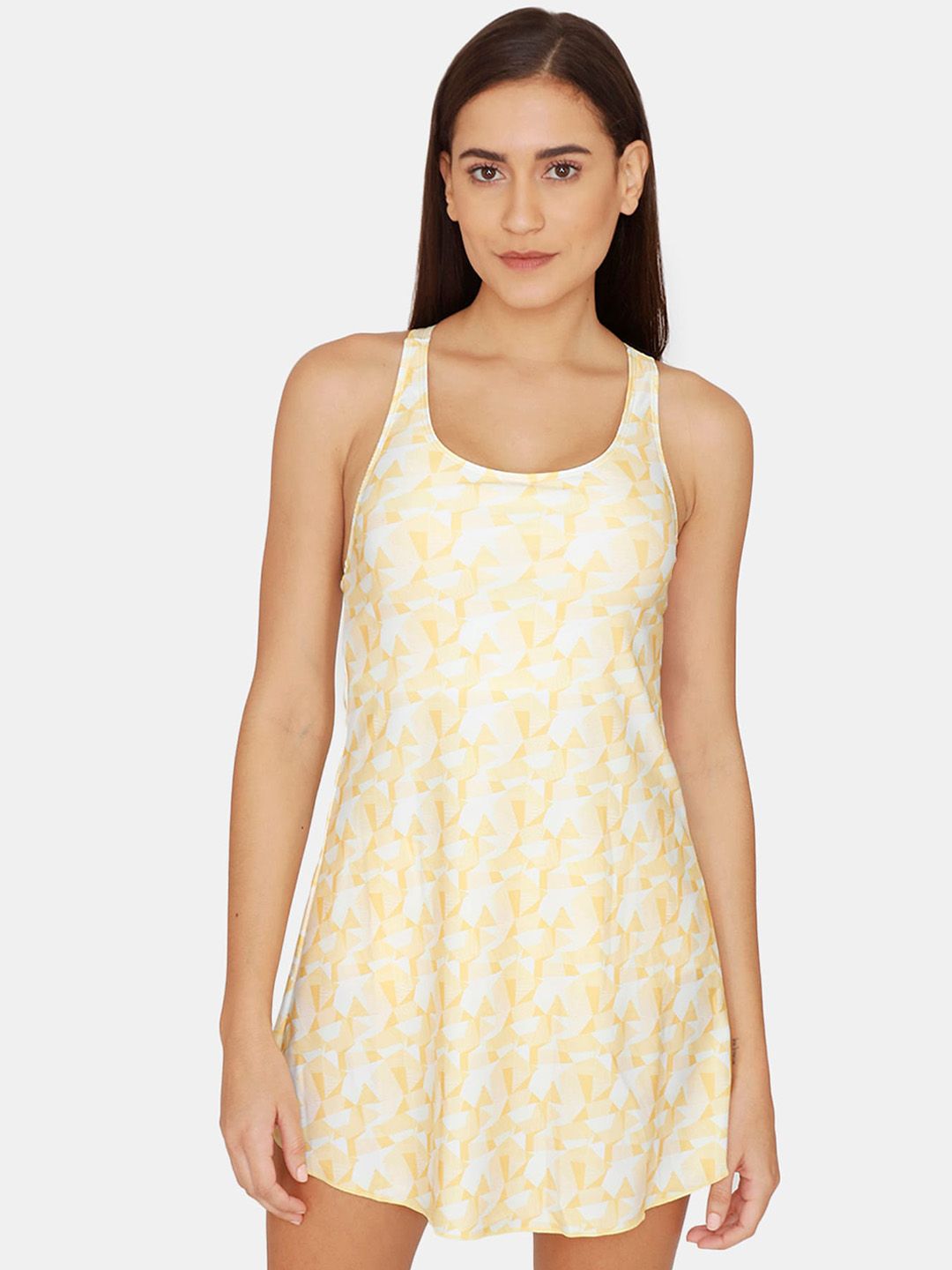 Zelocity by Zivame Women Yellow & White Printed Swimming Dress Price in India