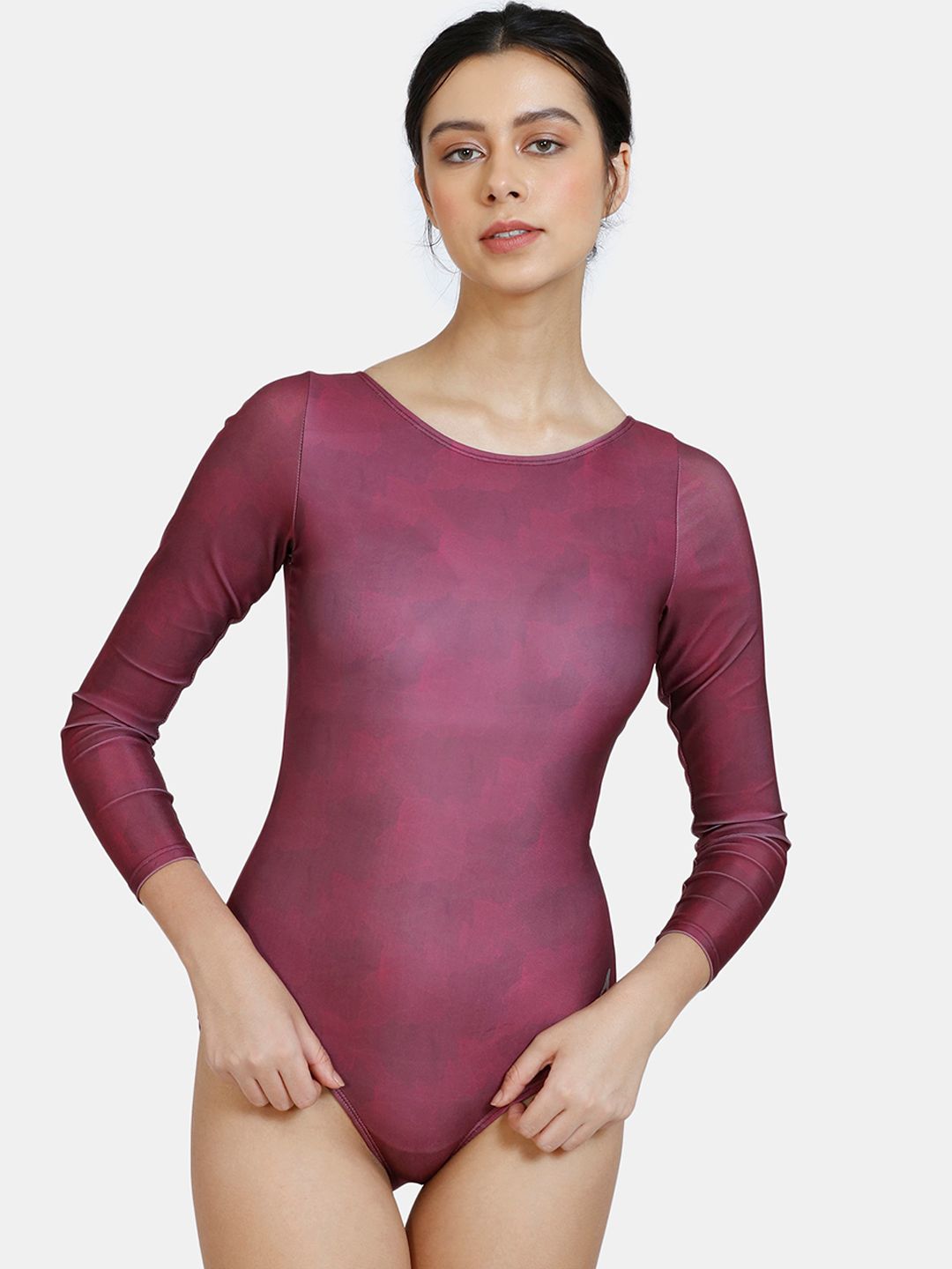 Zelocity by Zivame Women Purple Printed One-Piece Bodysuit Price in India