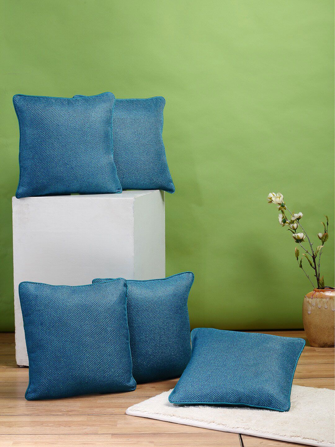 DREAM WEAVERZ Turquoise Blue Set of 5 Jute Square Cushion Covers Price in India