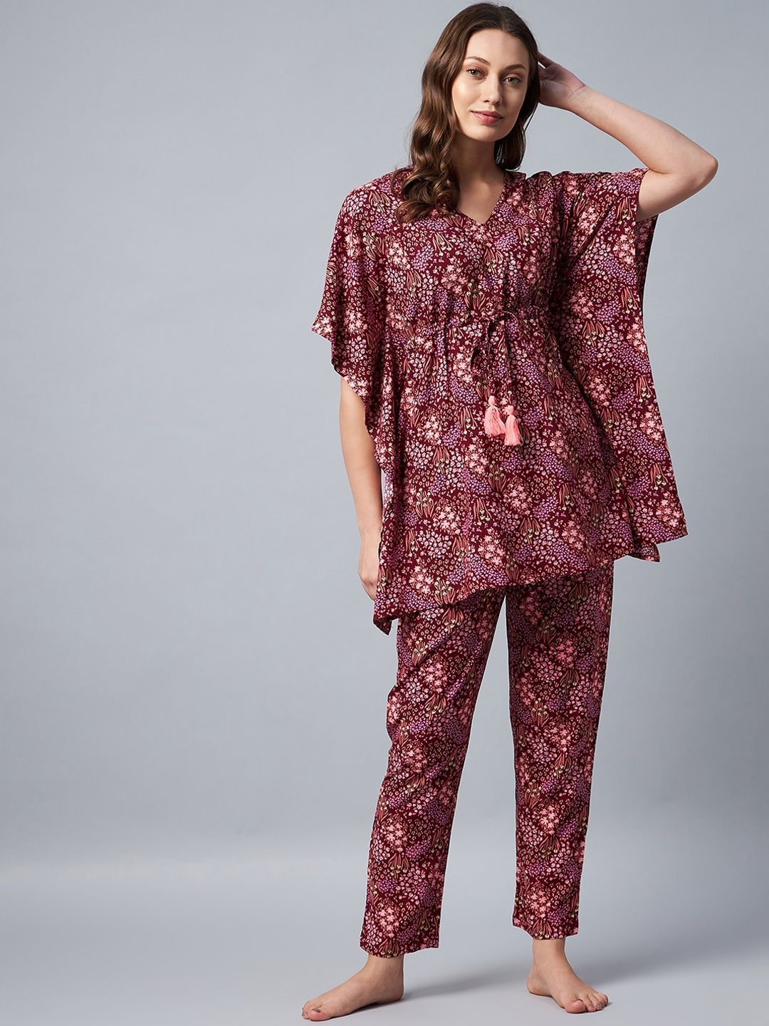 StyleStone Women Maroon & Beige Floral Printed Kaftan Night suit Price in India