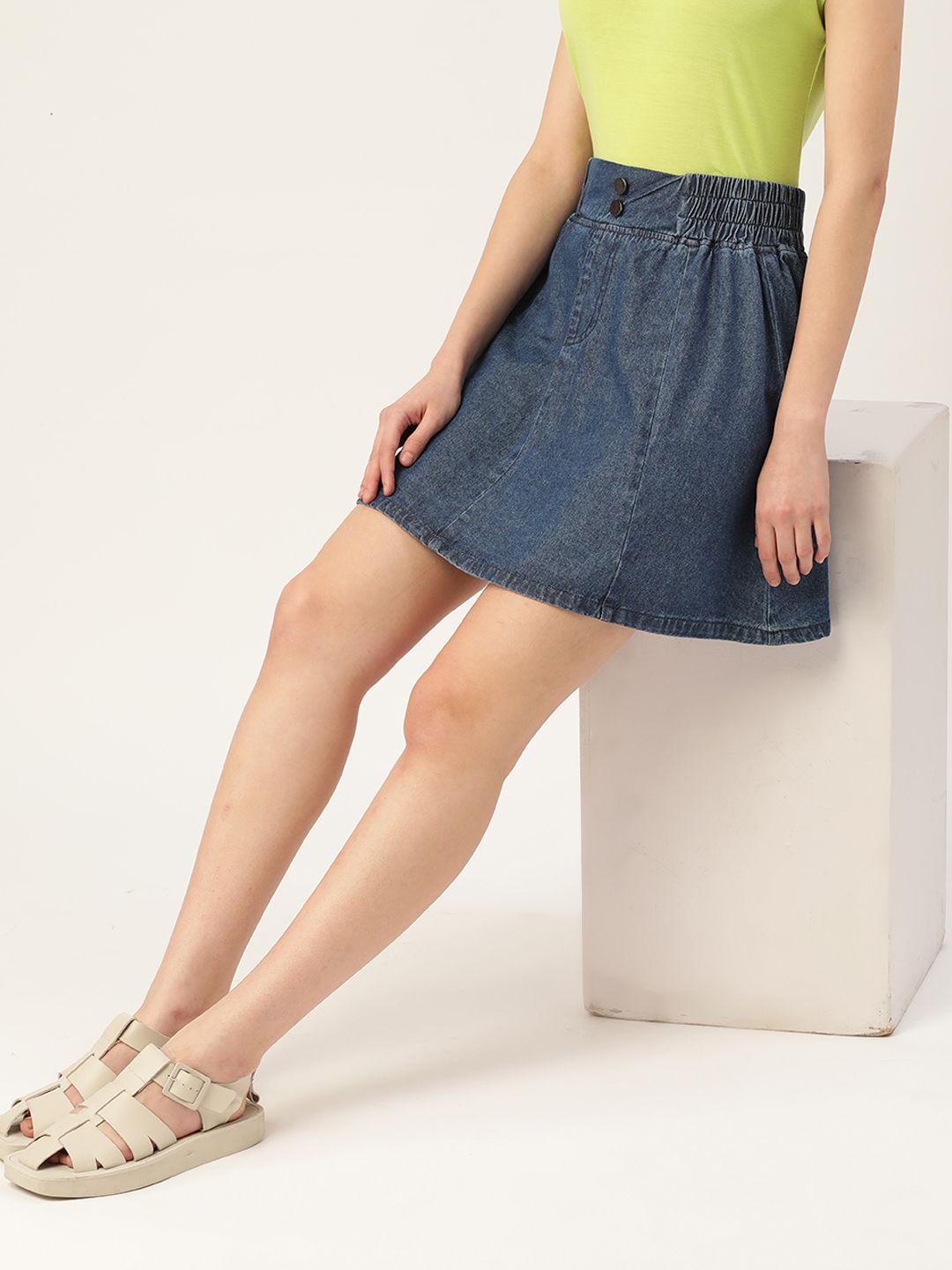 DressBerry Navy Blue Solid Pure Cotton Flared Fit Mini Denim Skirt Price in India