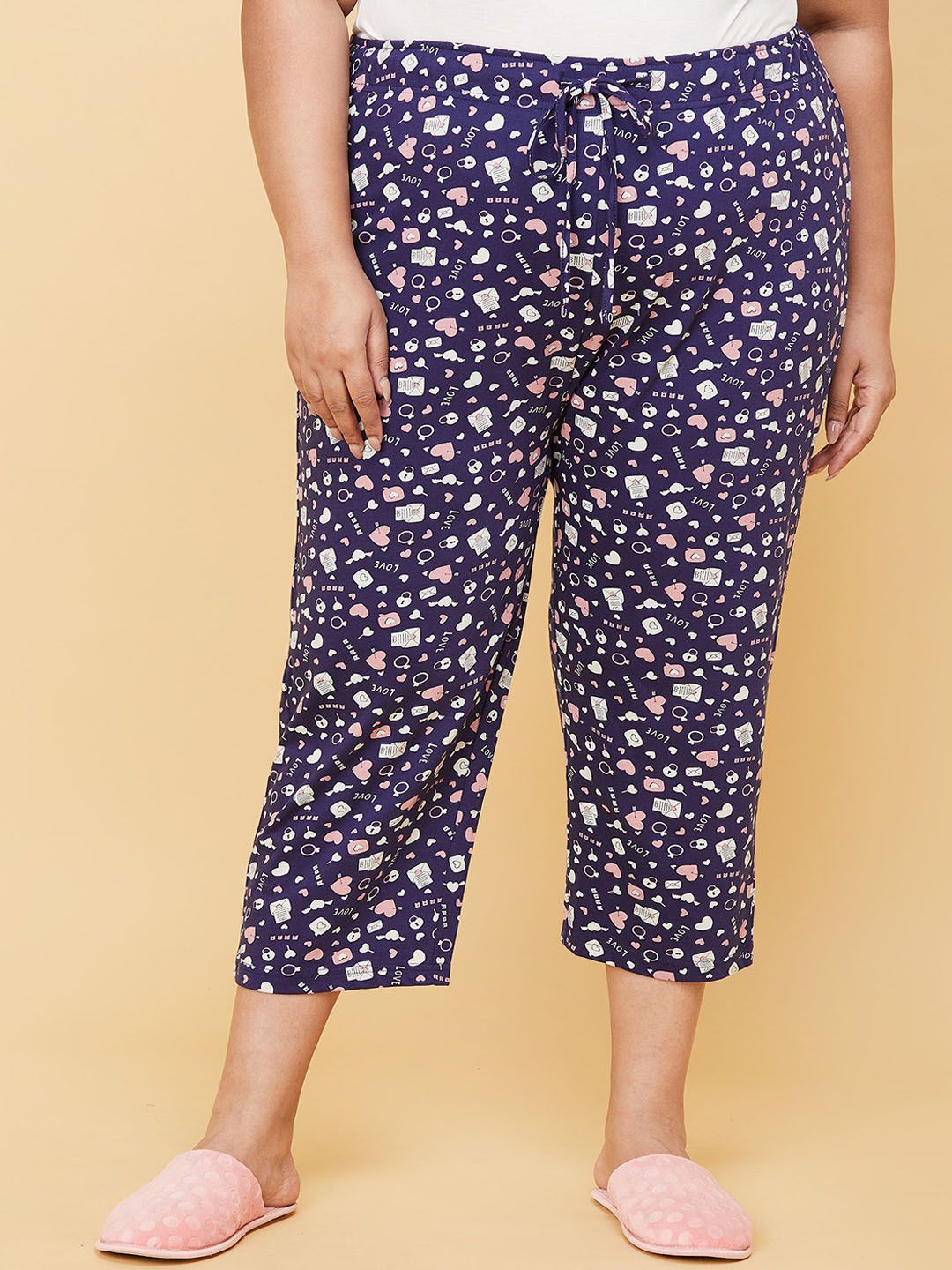 max Plus Size Women Navy Blue & Pink Printed Cotton Lounge Pants Price in India