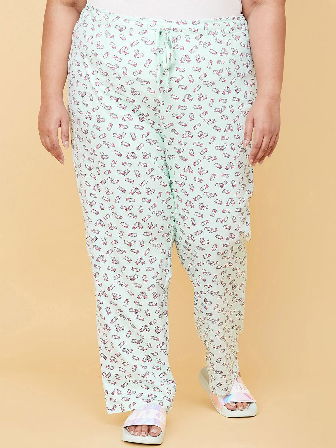 max Plus Size Women Mint Green & Pink Printed Pure Cotton Lounge Pants Price in India