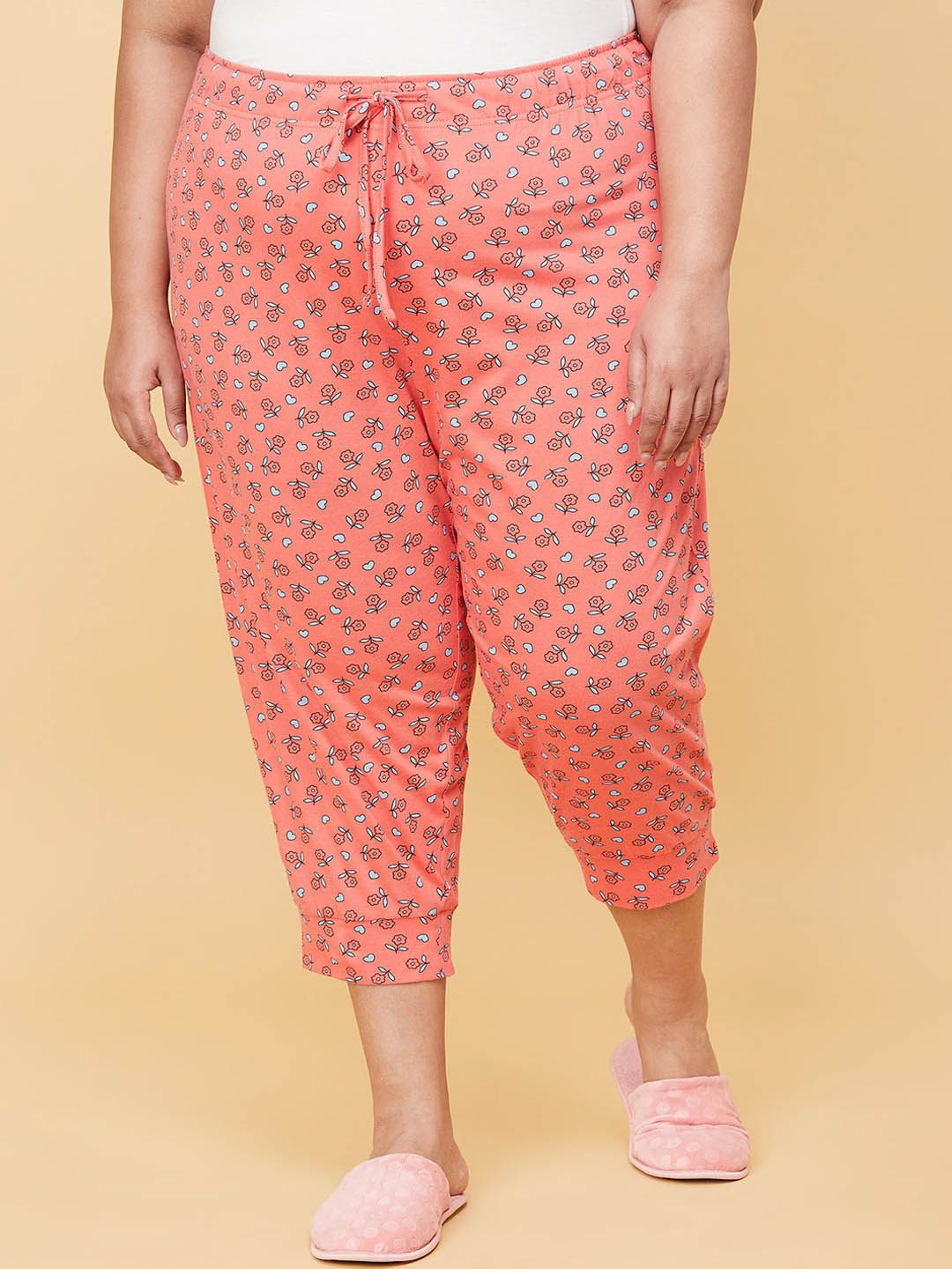 max Women Plus Size Peach Printed Mid-Rise Pure Cotton Cropped Lounge Pants Price in India