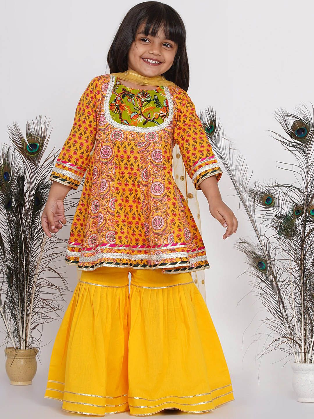 Little Bansi Girls Yellow Floral Printed Pleated Thread Work Kurta with Sharara & With Dupatta