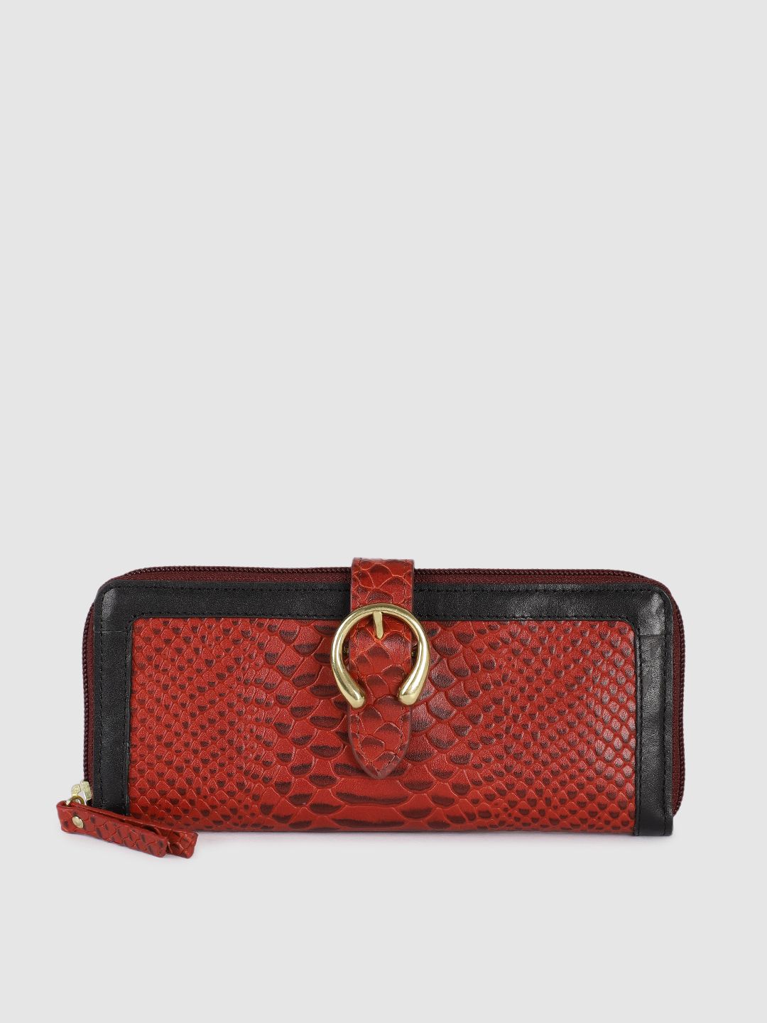 Hidesign Women Red Textured Buckle Detail Leather Zip Around Wallet Price in India