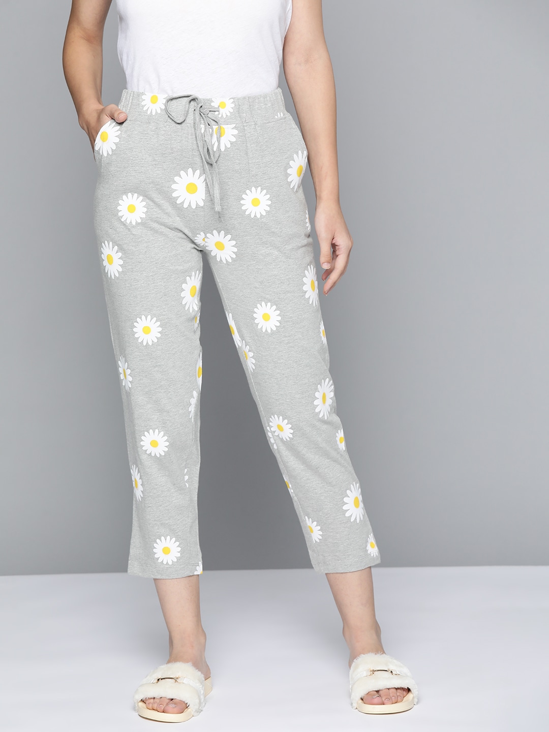 HERE&NOW Women Grey Melange & Yellow Floral Print Lounge Pants Price in India