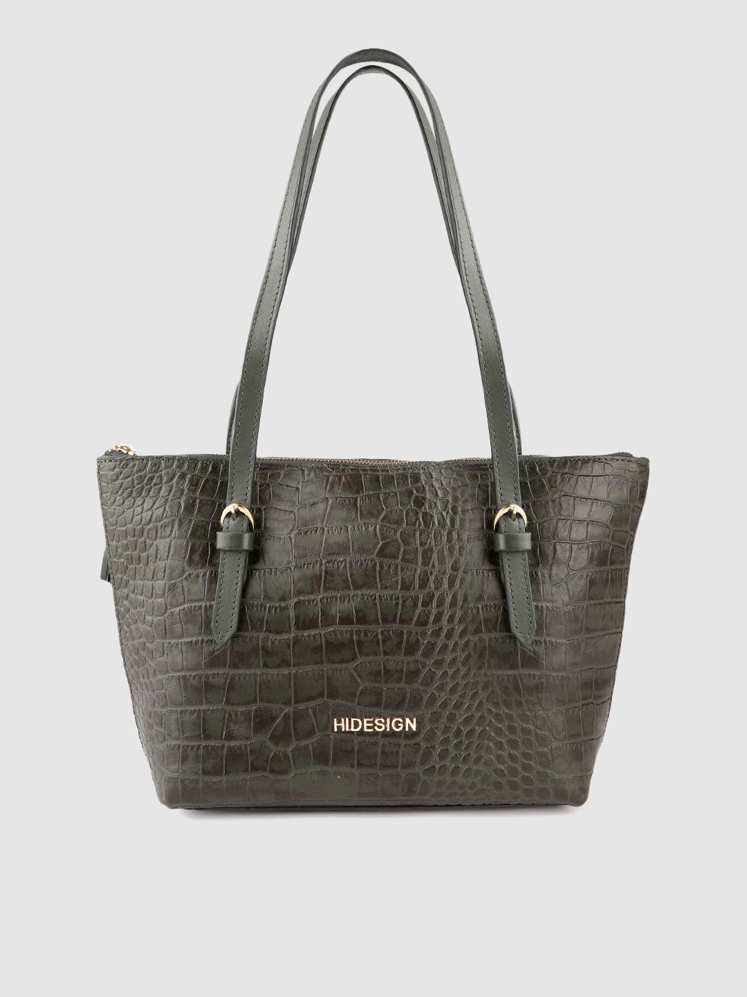Hidesign Olive Green Croc Textured Leather Structured Shoulder Bag Price in India