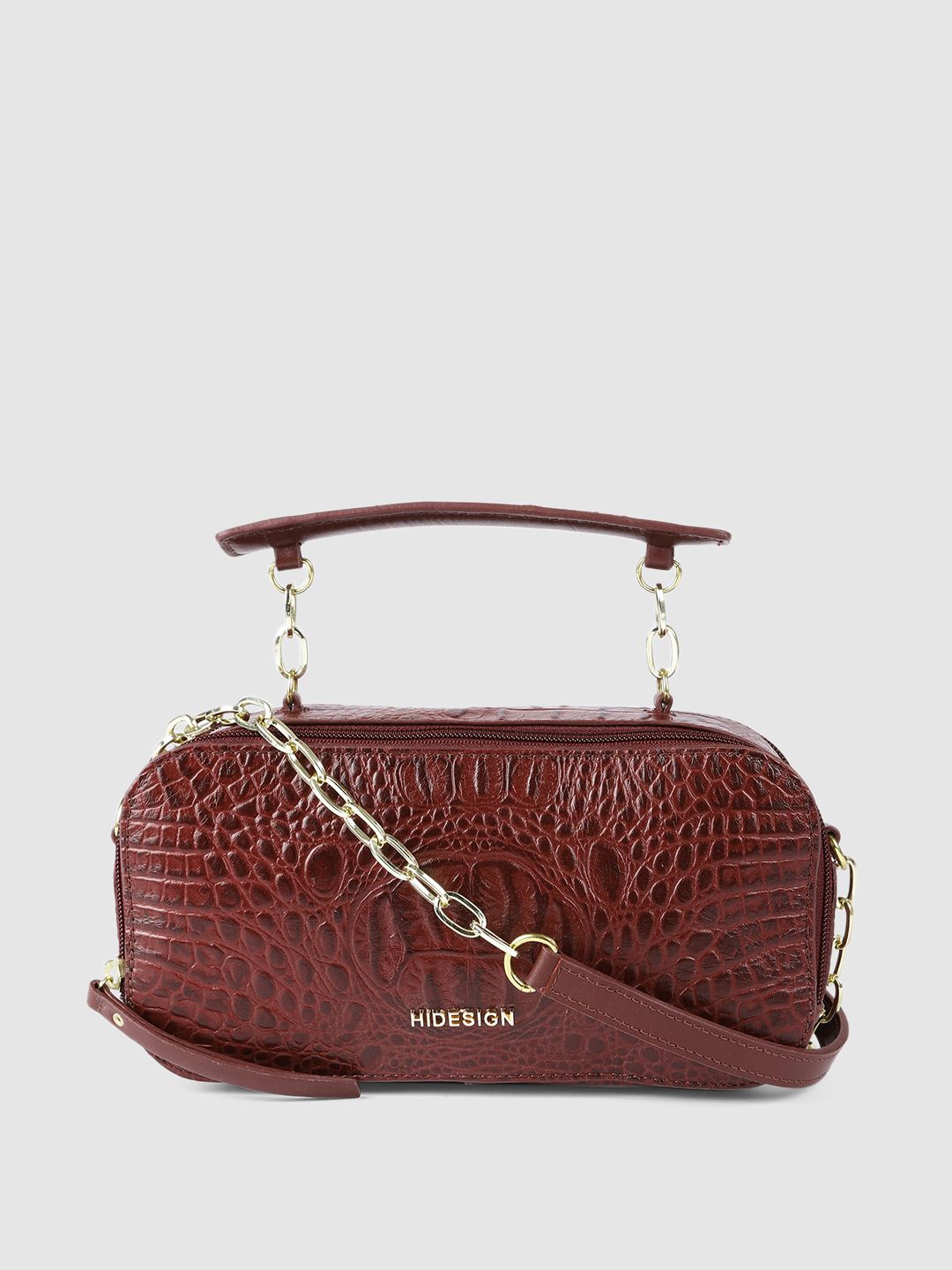 Hidesign Maroon Textured Leather Structured Handheld Bag Price in India