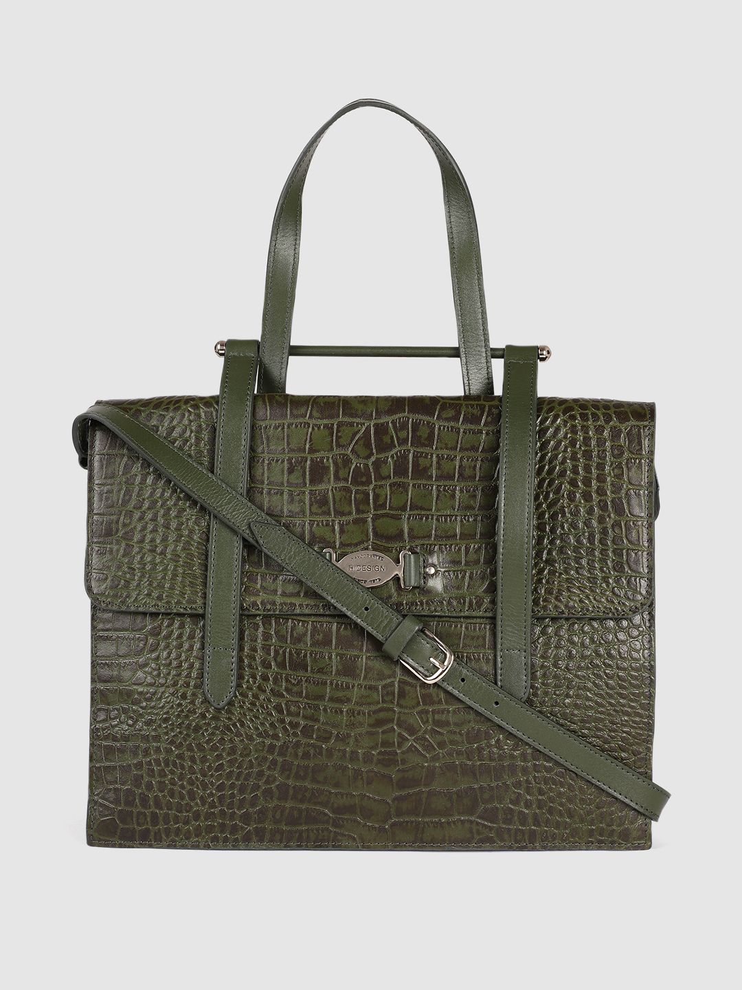 Hidesign Olive Green Animal Textured Leather Structured Handheld Bag Price in India