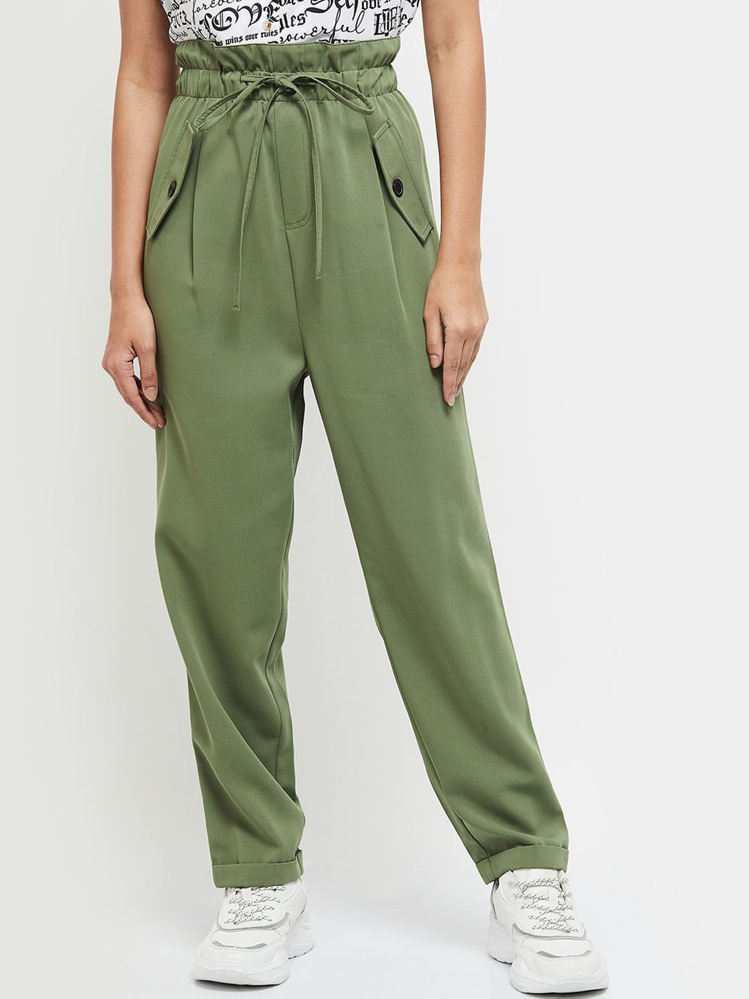 max Women Olive Green Pleated Parallel Trousers Price in India