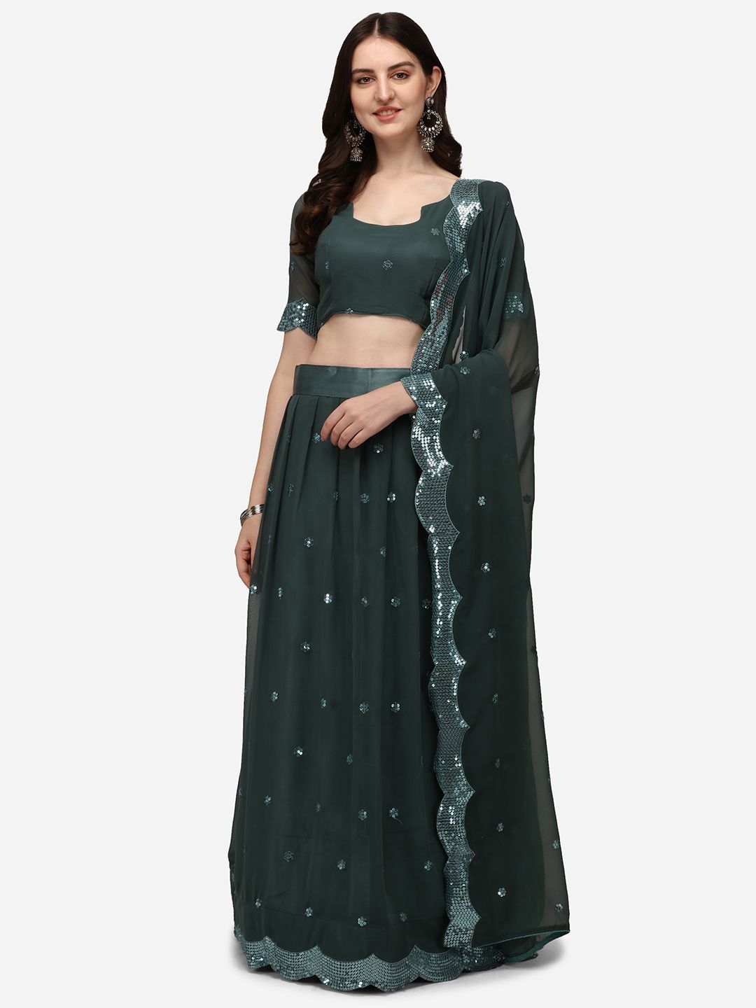 Pratham Blue Teal Embellished Sequinned Semi-Stitched Lehenga & Unstitched Blouse With Dupatta Price in India