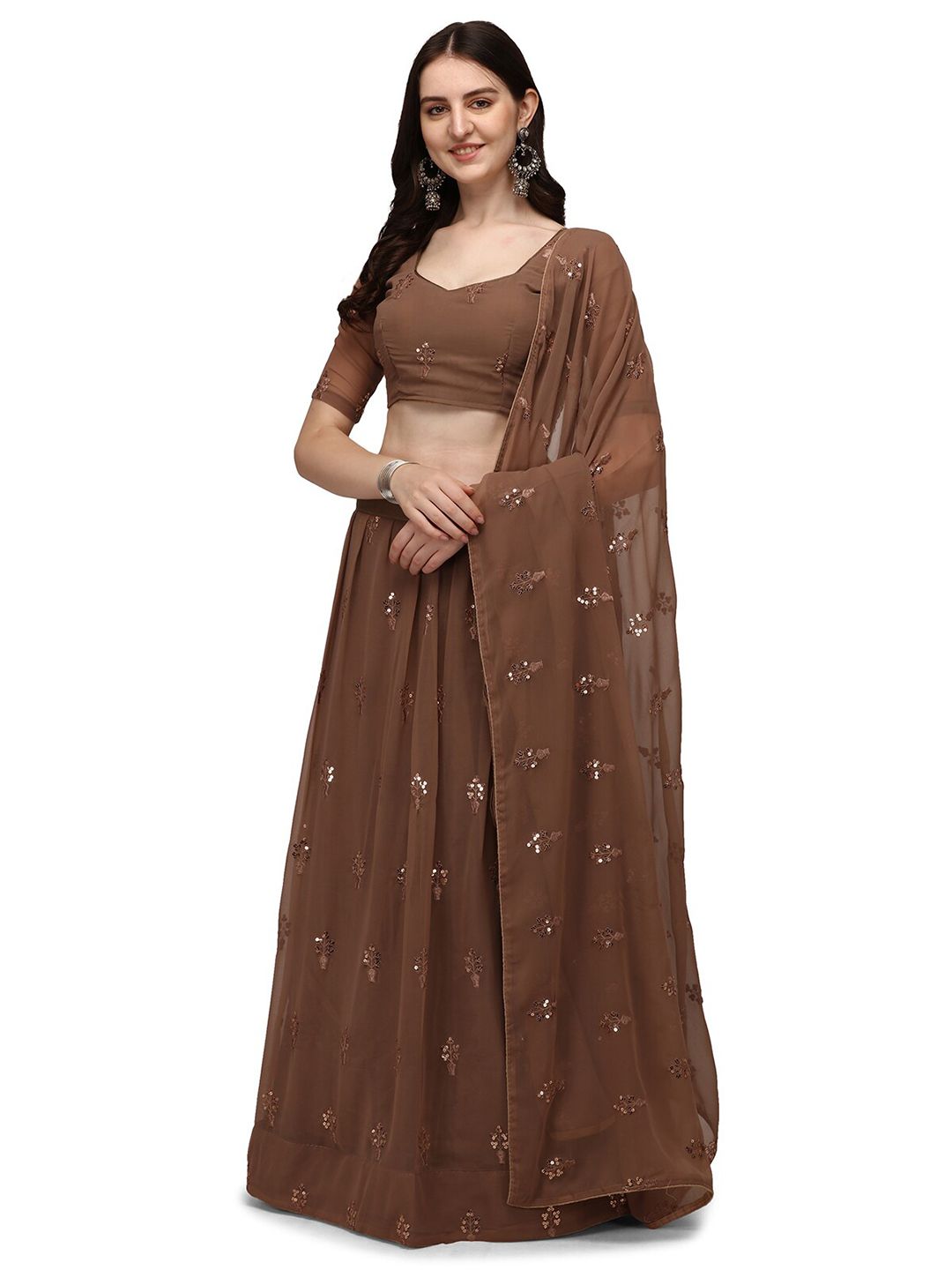 Pratham Blue Brown Embellished Sequinned Semi-Stitched Lehenga & Unstitched Blouse With Dupatta Price in India