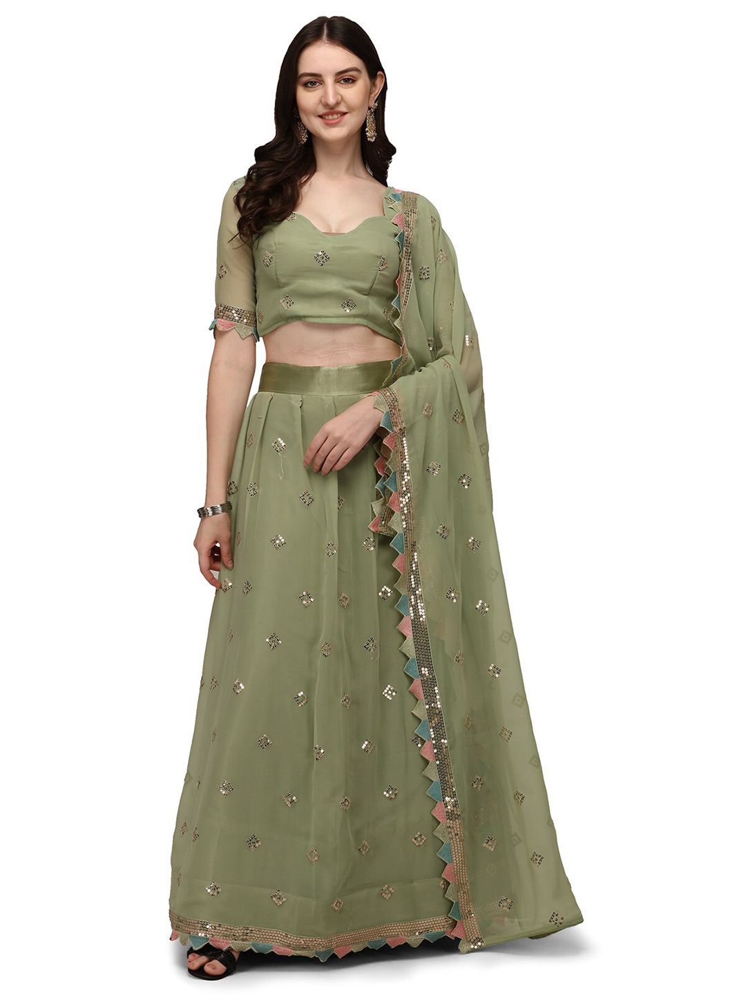 Pratham Blue Olive Green & Golden Sequinned Semi-Stitched Lehenga & Unstitched Blouse With Price in India