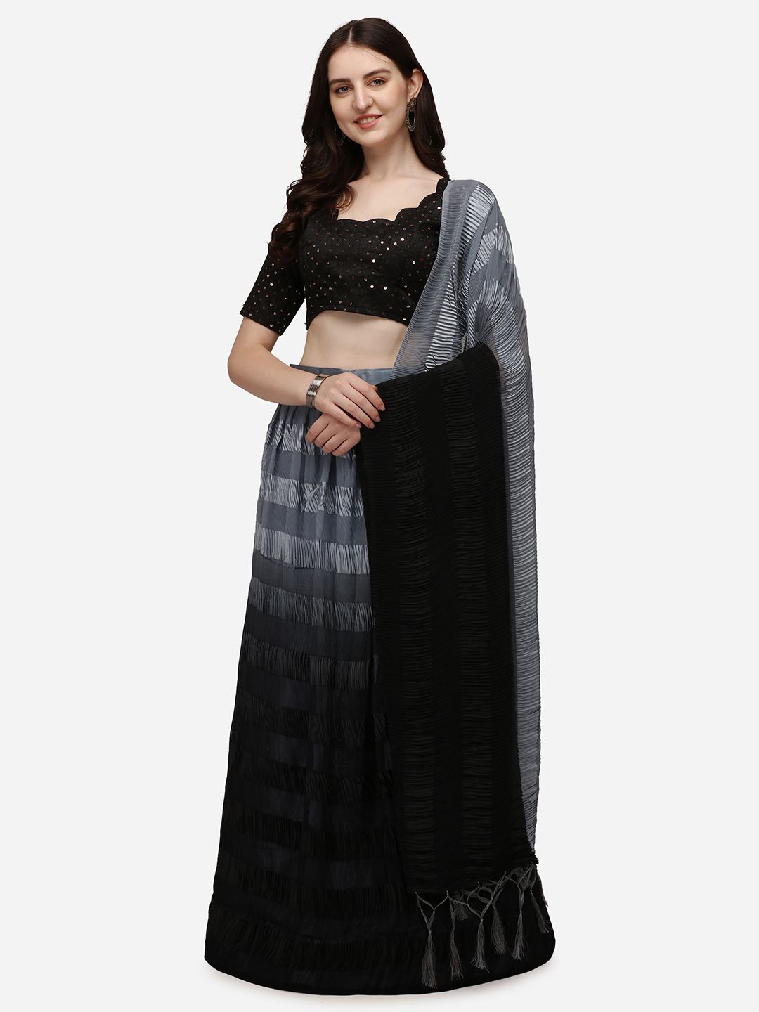 Pratham Blue Grey & Black Embellished Semi-Stitched Lehenga & Unstitched Blouse With Dupatta Price in India