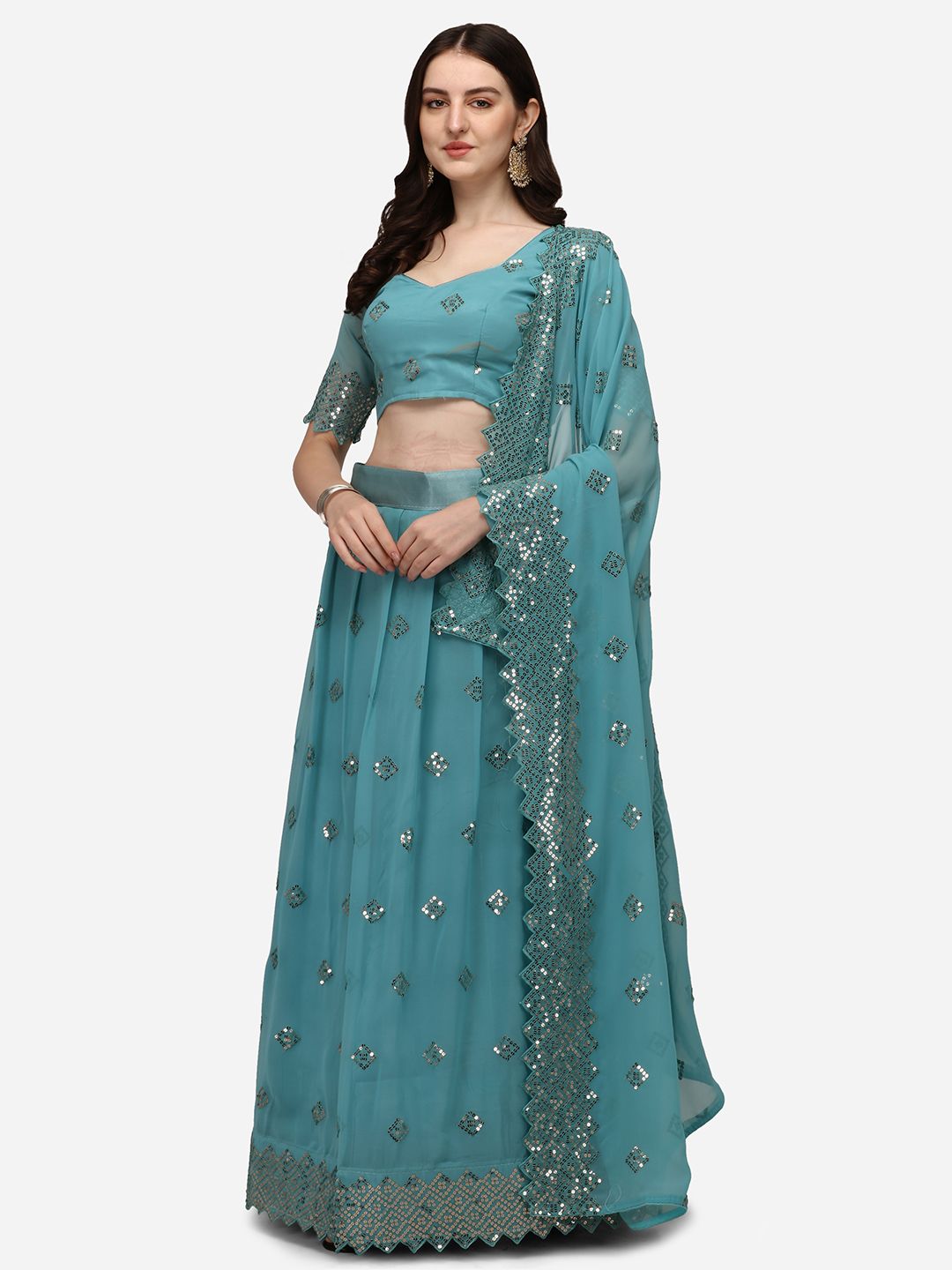 Pratham Blue Embroidered Sequinned Semi-Stitched Lehenga & Unstitched Blouse With Dupatta Price in India