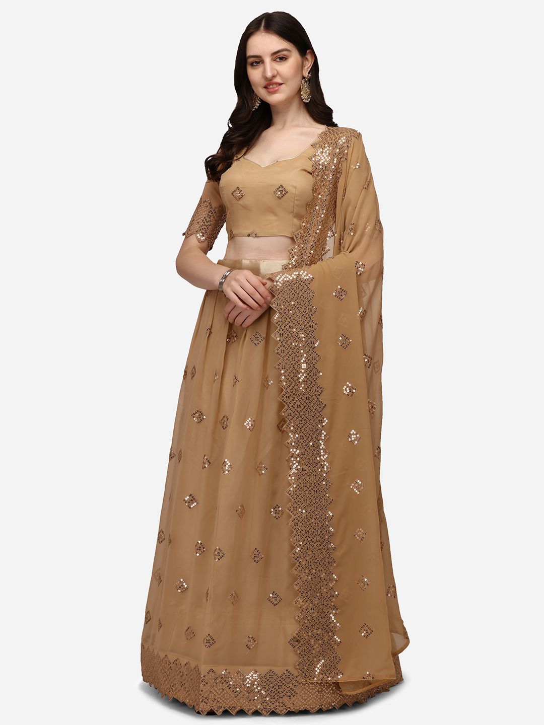 Pratham Blue Beige Embellished Sequinned Semi-Stitched Lehenga & Unstitched Blouse With Dupatta Price in India