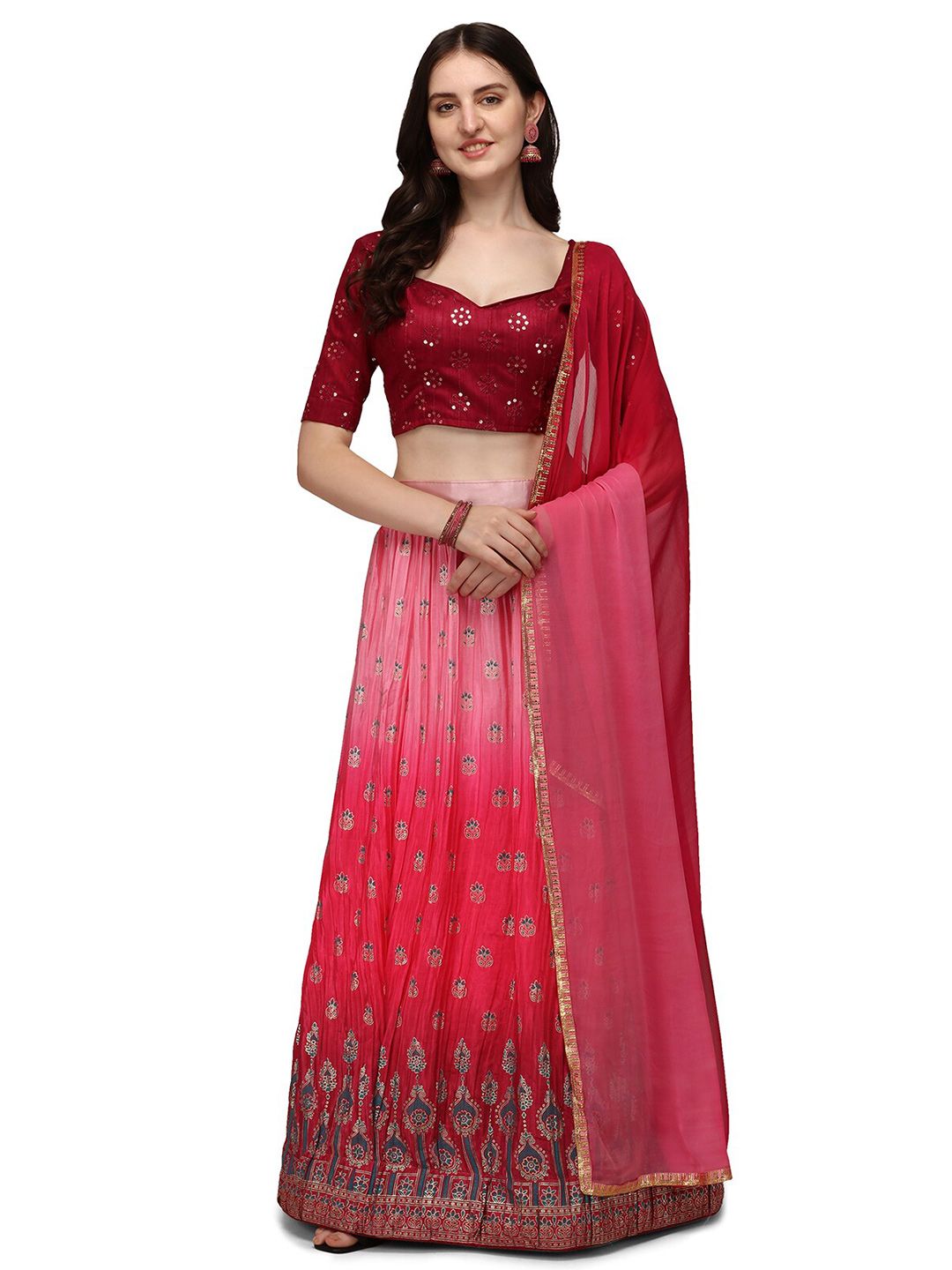 Pratham Blue Pink & Red Embroidered Semi-Stitched Lehenga & Unstitched Blouse With Dupatta Price in India