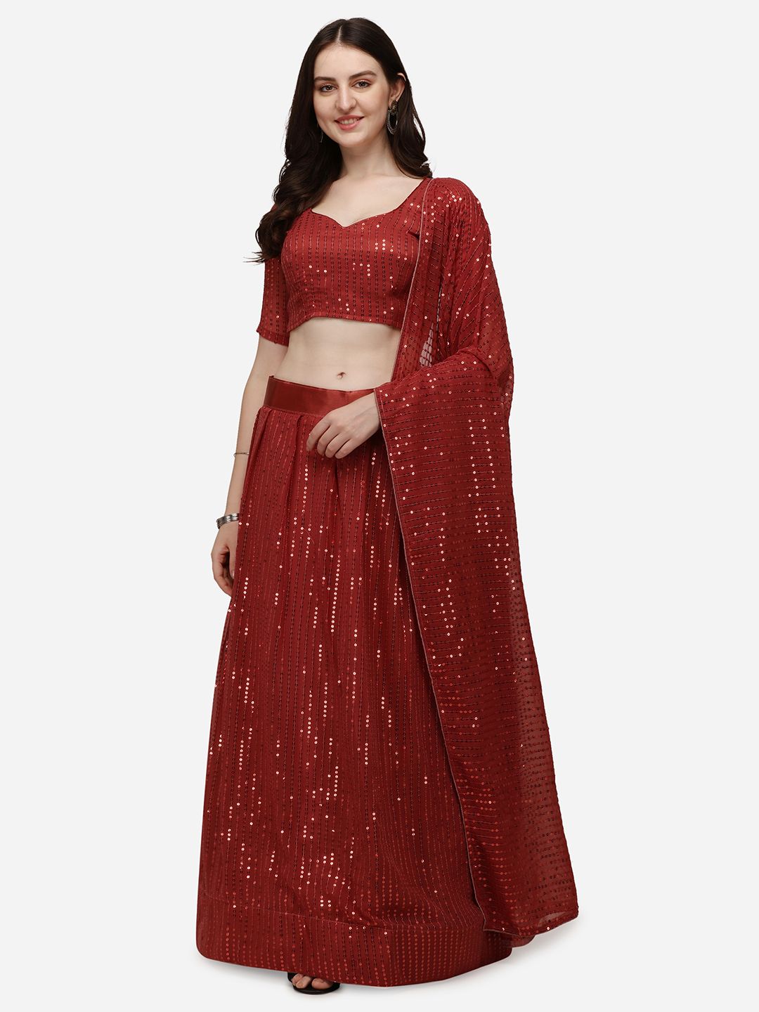 Pratham Blue Red Embroidered Semi-Stitched Lehenga & Unstitched Blouse With Dupatta Price in India